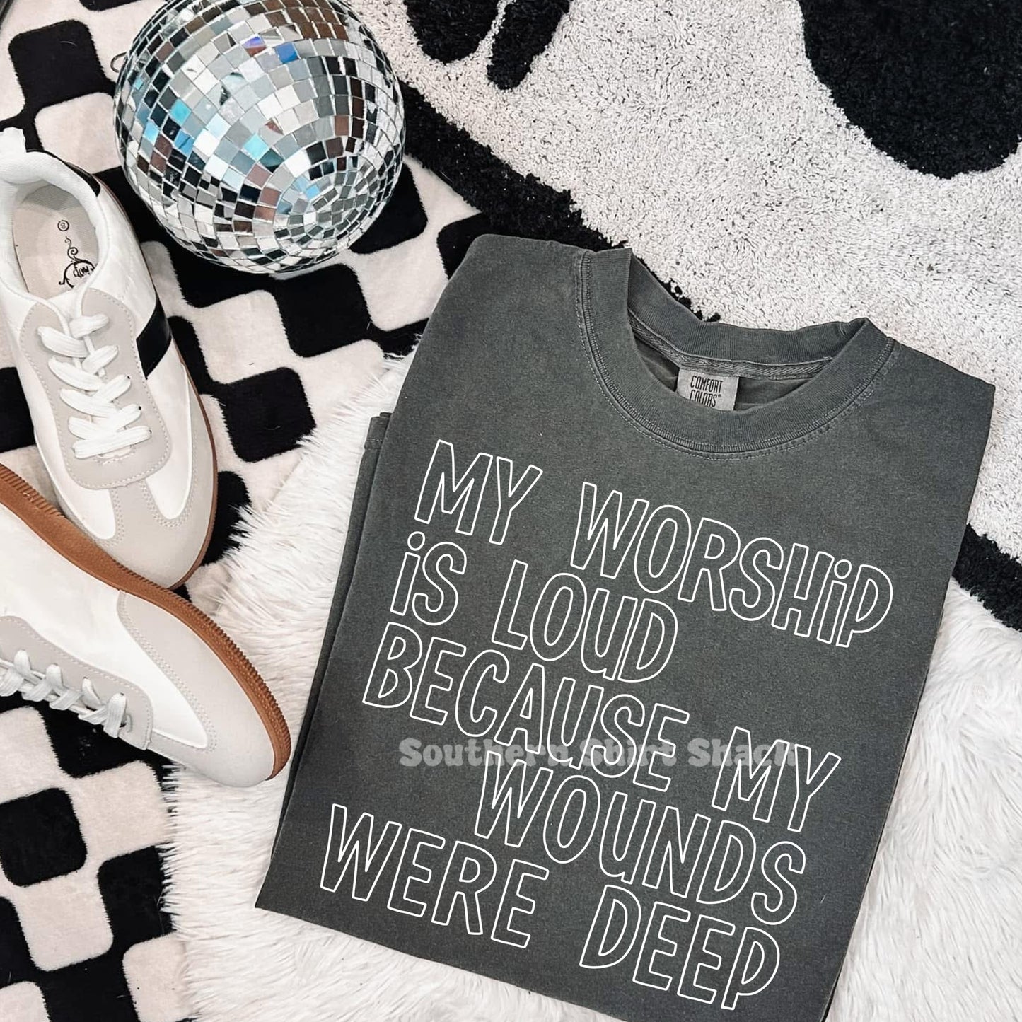 My worship is loud because my wounds were deep | Pepper Comfort Colors Tee