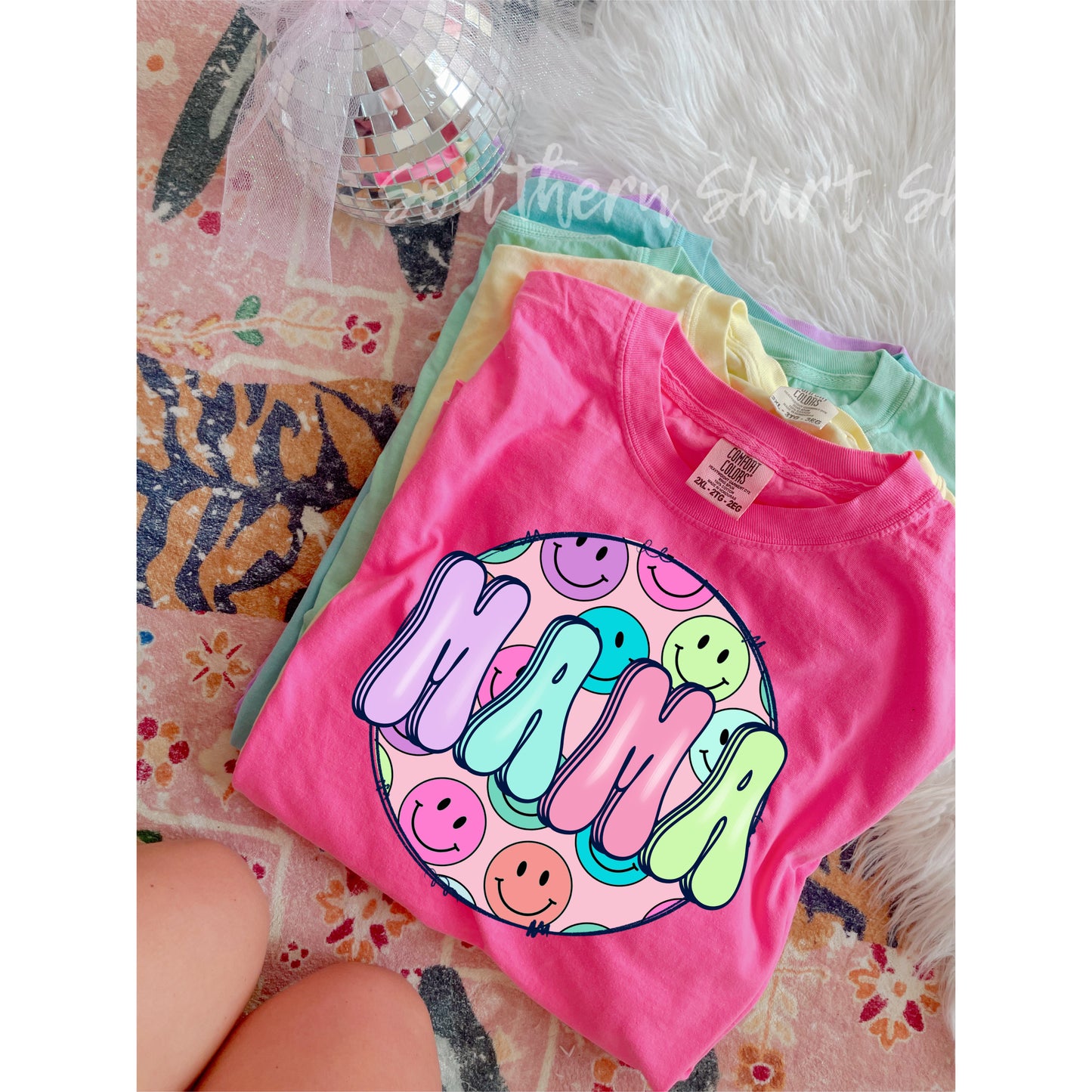 Groovy Smiley mama Comfort Colors tee | Neon Pink
