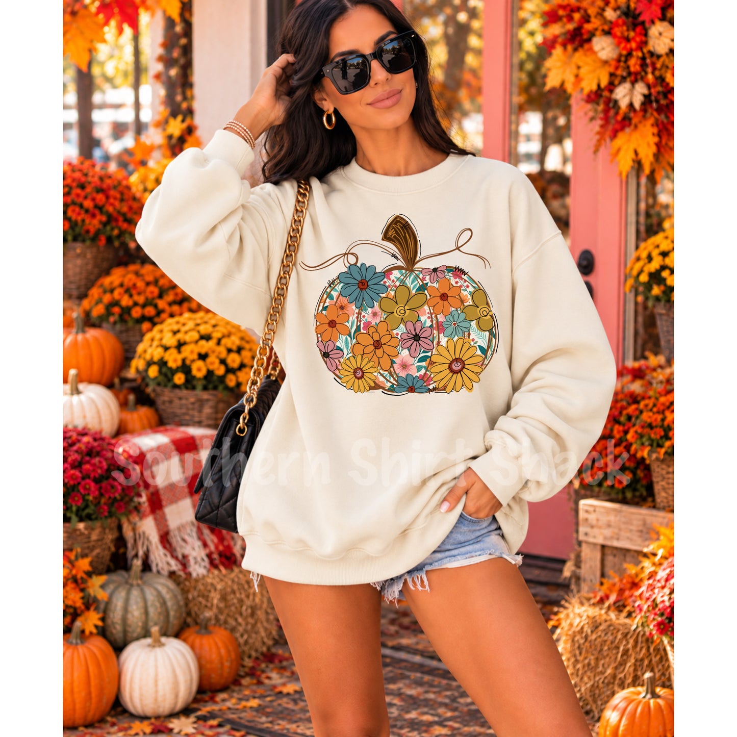 Floral Pumpkin Cream Gildan Softstyle Sweatshirt