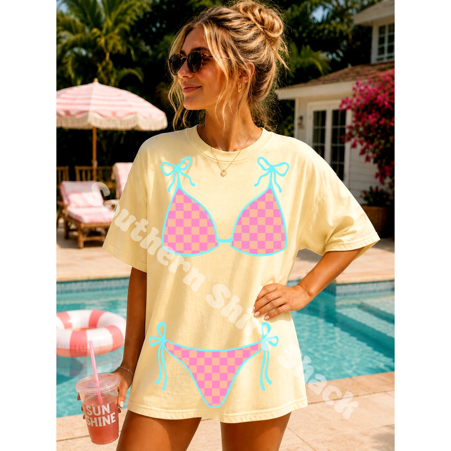 Pink & Turquoise Checkered Bikini Comfort Colors Butter Yellow