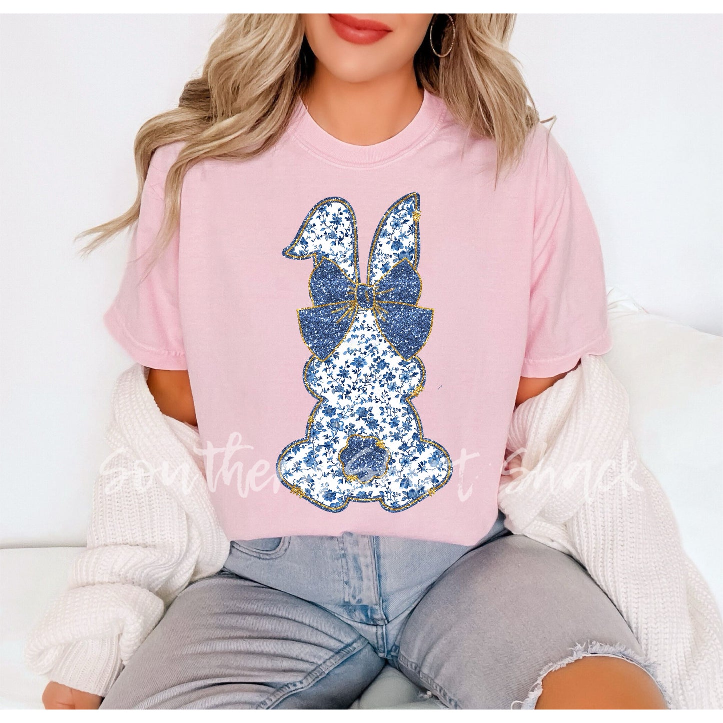 Blue & White Floral Bunny Comfort Colors tee | Blossom