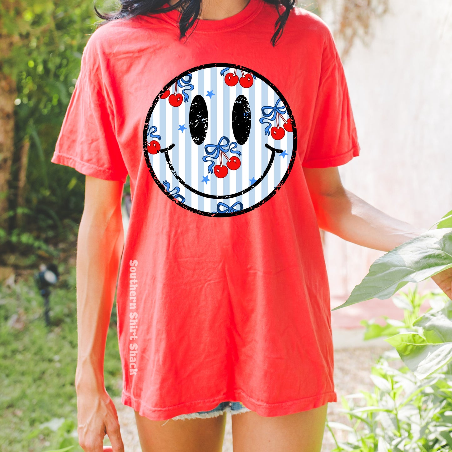 Patriotic Cherry Smiley | Paprika Comfort Colors tee