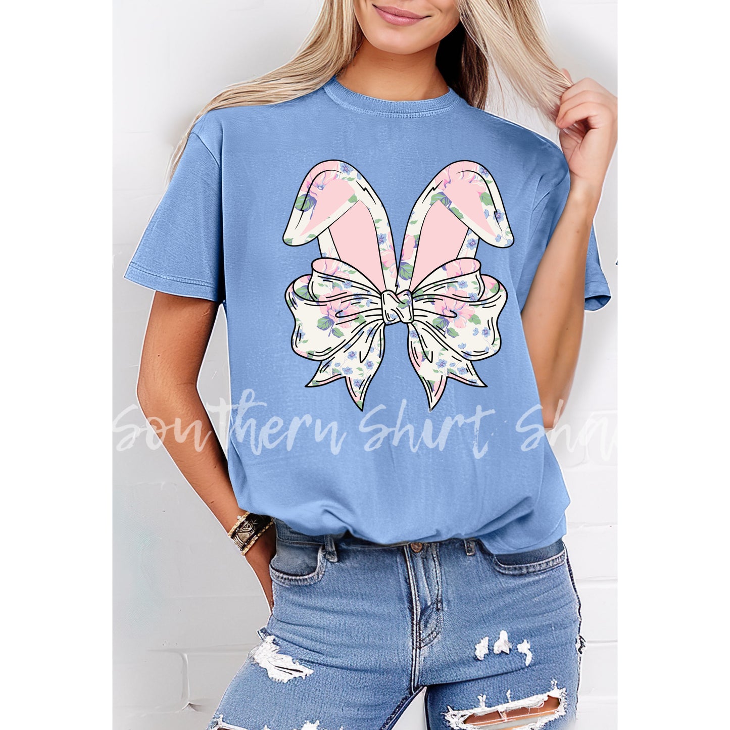 Floral Bunny Ears Comfort Colors tee | Blue Jean