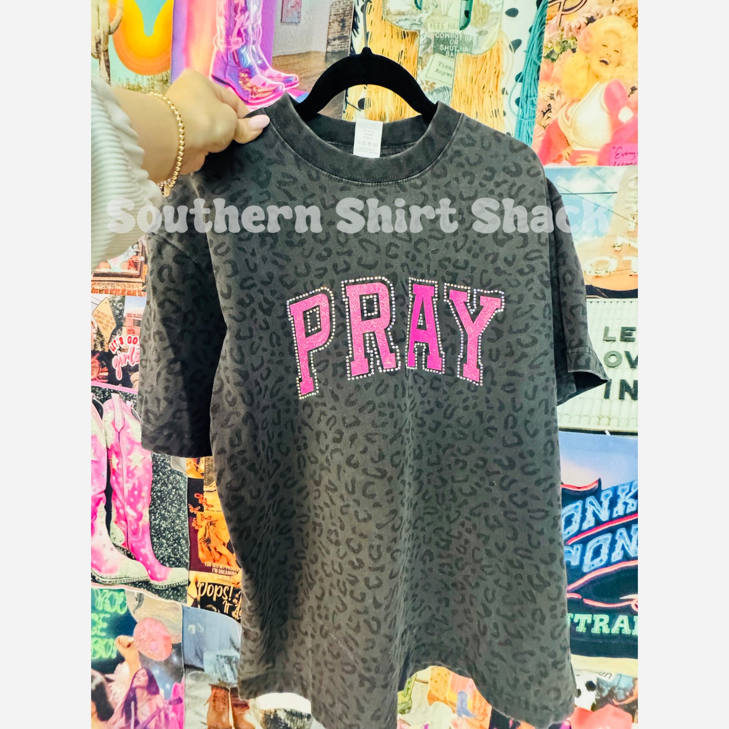Pink Pray Rhinestone | Black Leopard Tee