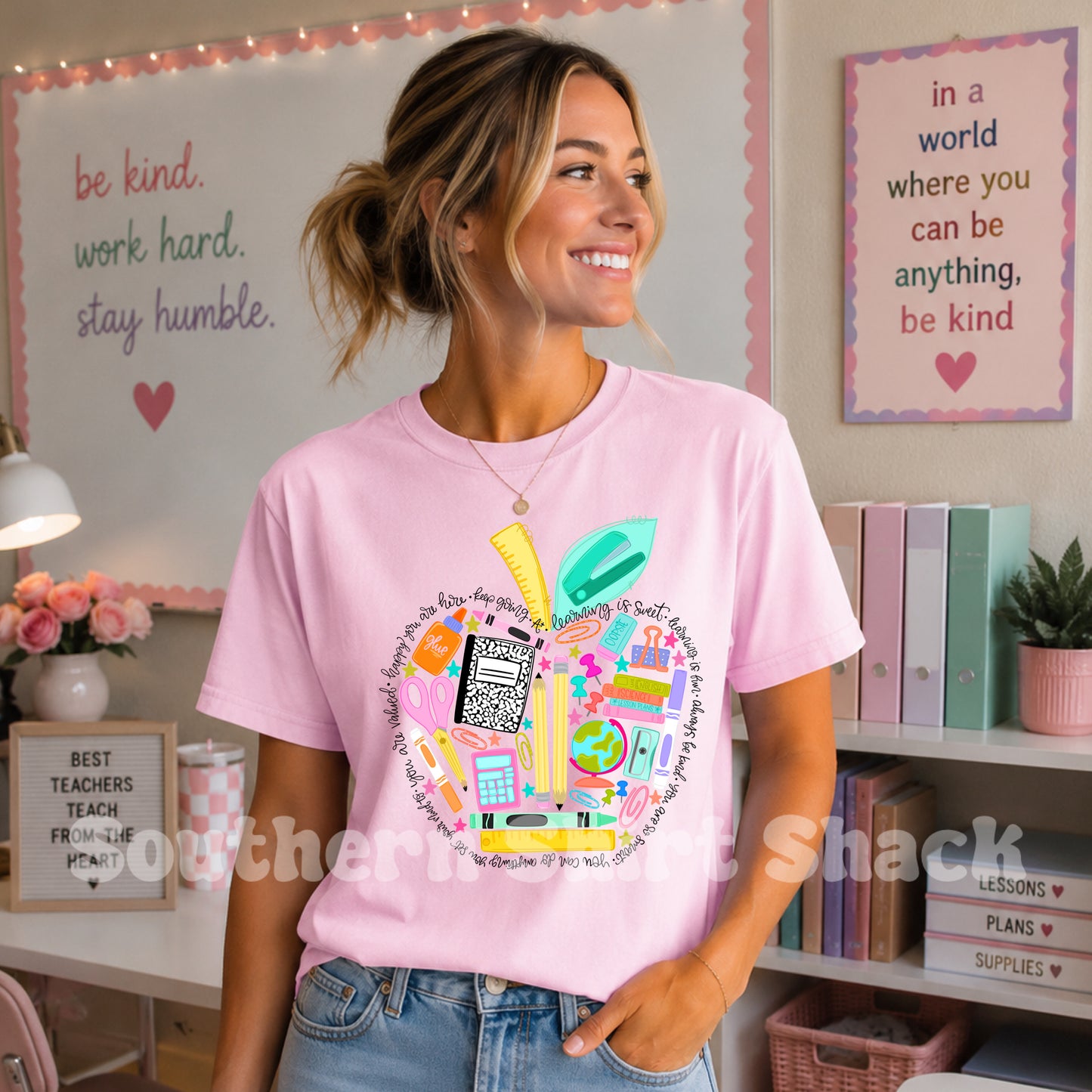 Apple School Supplies | Teacher Comfort Colors tee | Blossom