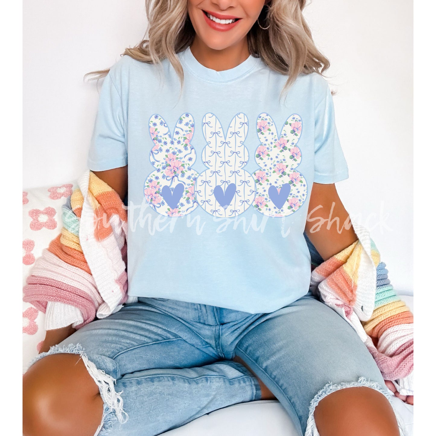 Floral Bunny Trio Comfort Colors tee | Light Blue
