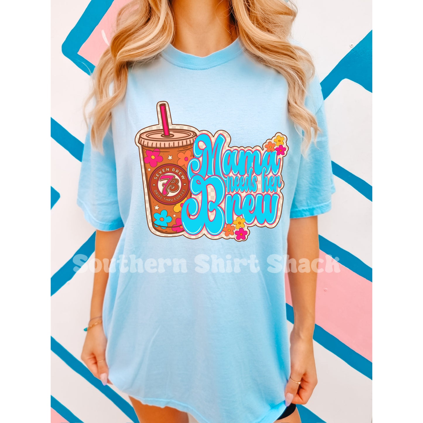 Mama Needs a Brew Comfort Colors tee | Light Blue