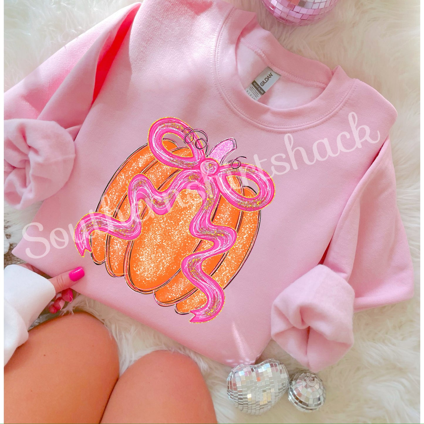 Sparkly Pink Bow Pumpkin | Light Pink Sweatshirt