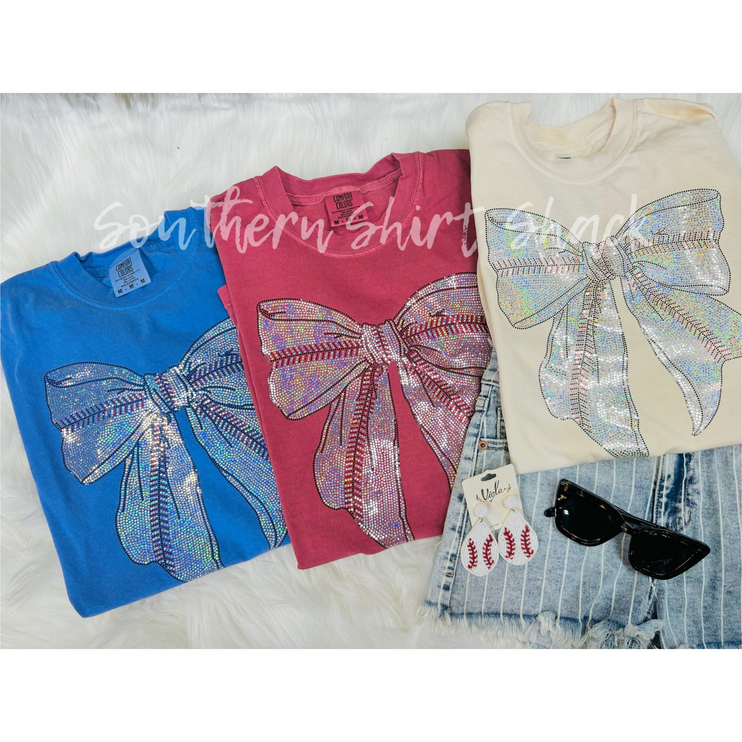 Sparkle Baseball Bow Comfort Colors Tee | add color in notes at checkout