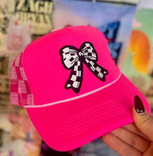 Checkered Bow Neon Pink Trucker Hat | READY TO SHIP