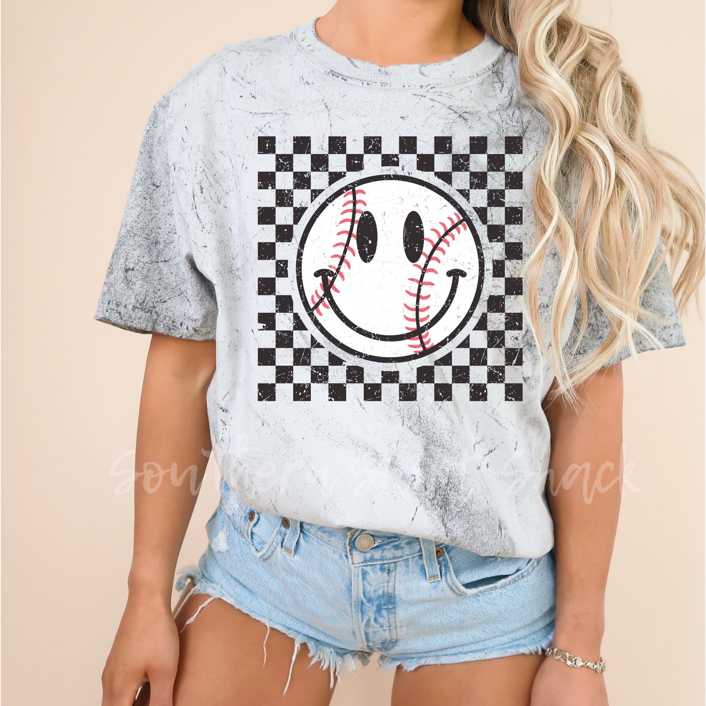 Checkered Baseball Acid Wash Comfort Colors tee | Smoke