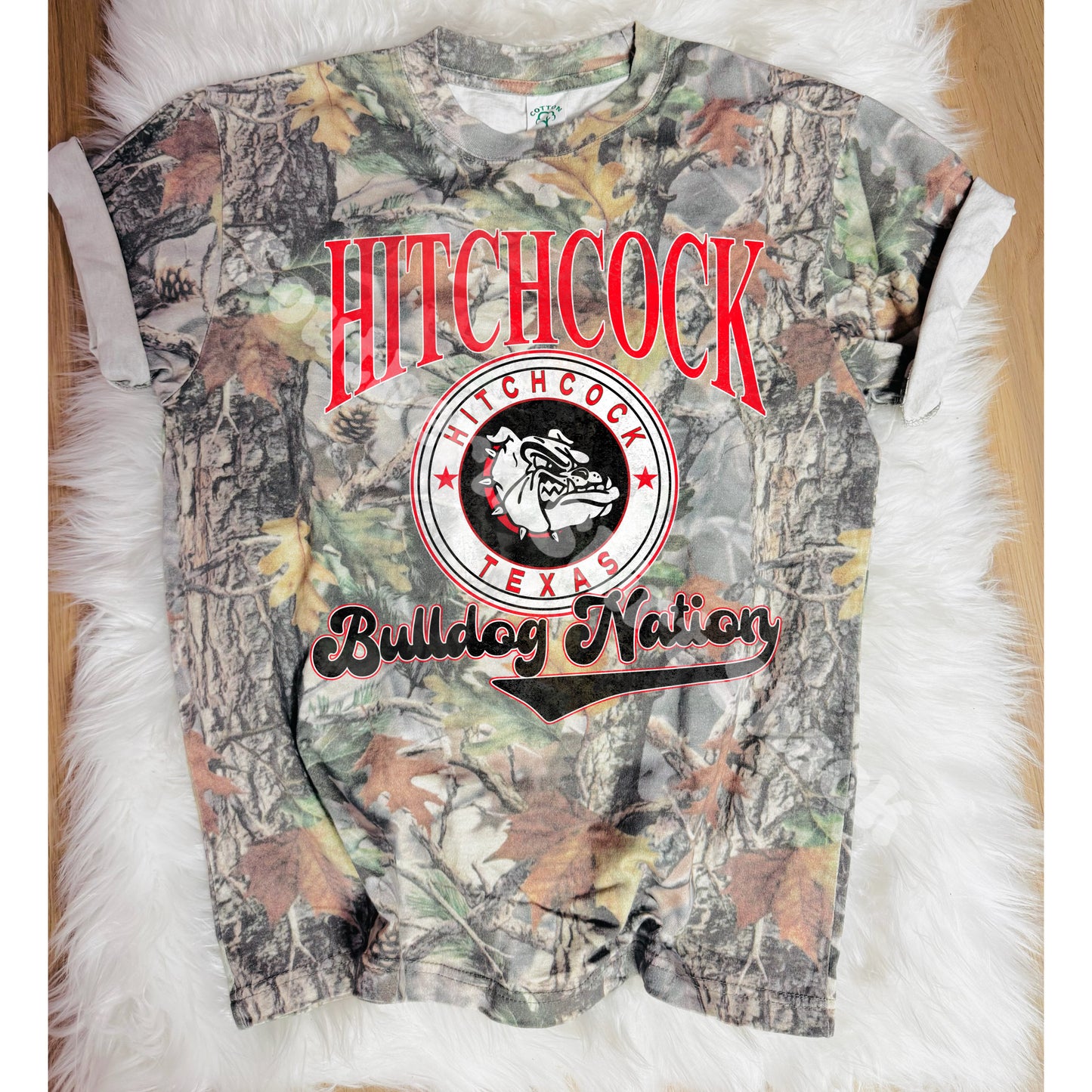 Varsity School Town Spirit Shirt | Green Leaf Camo Cotton Tee
