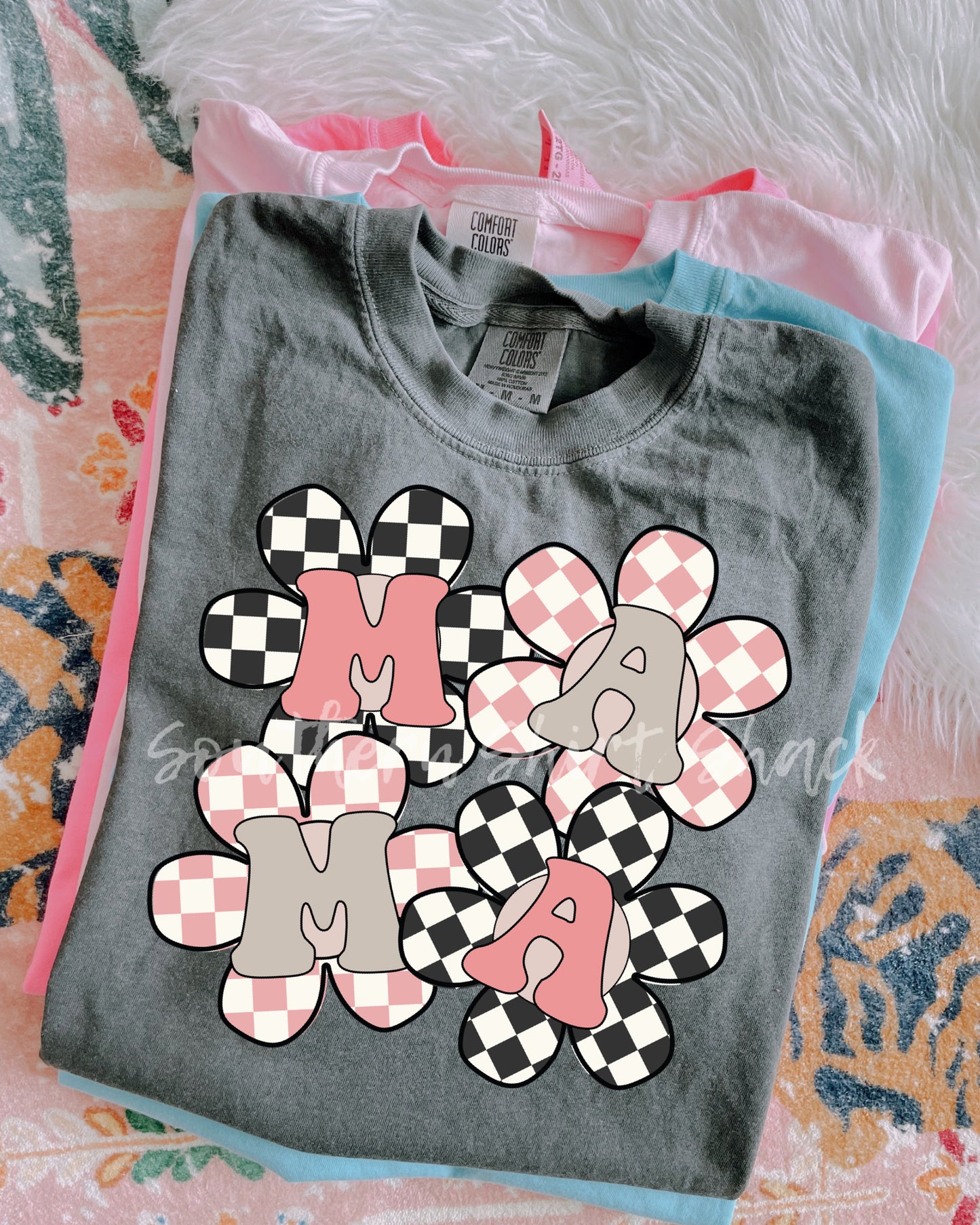 Checkered Mama Flowers Comfort Colors tee | Pepper