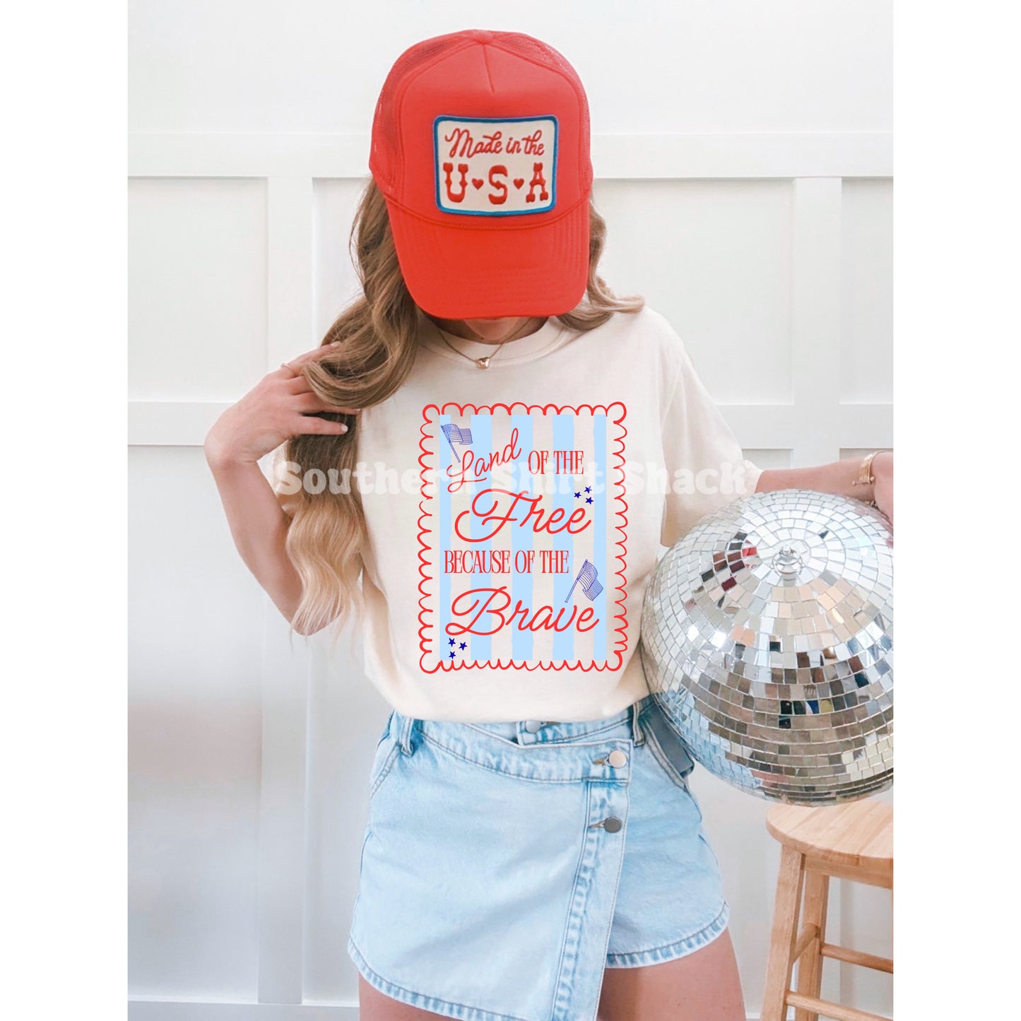 Preppy Striped Land of the Free Comfort Colors tee | Ivory