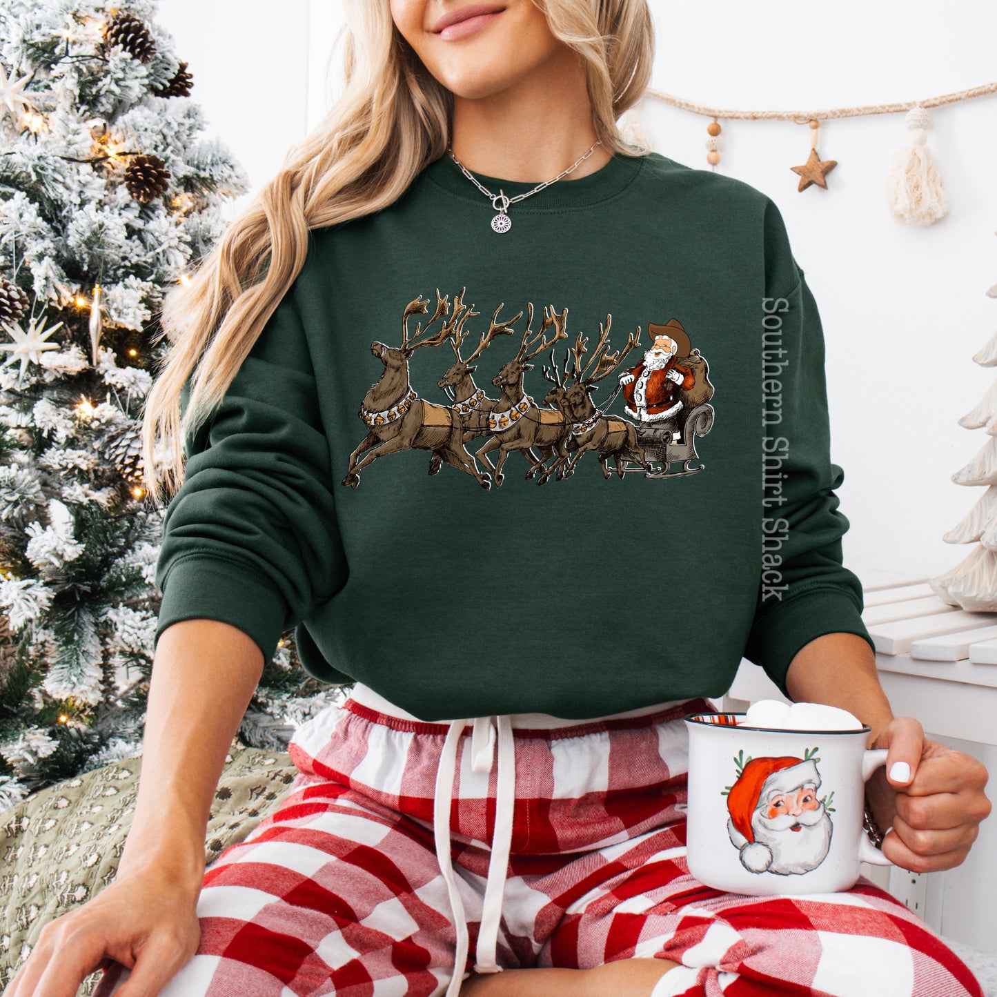 Cowboy Santa Sleigh | Forest Green Sweatshirt
