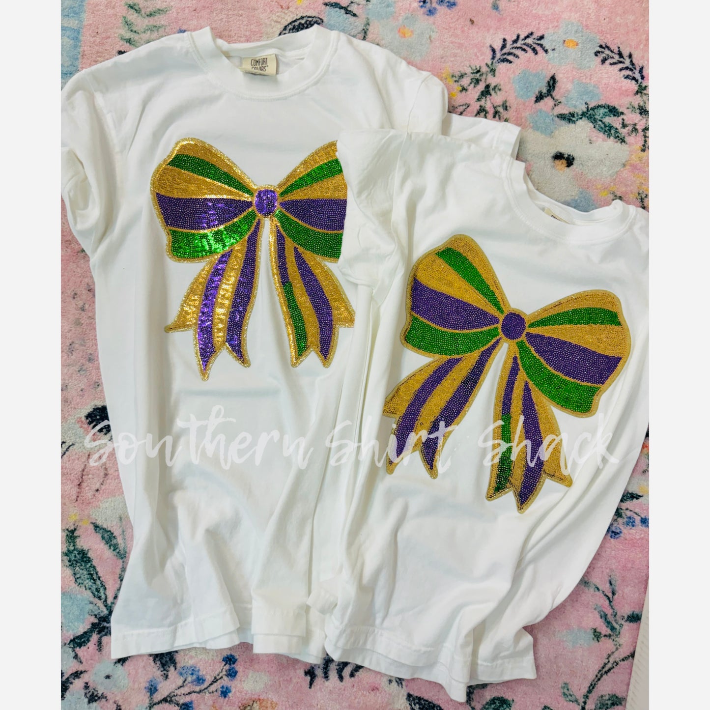 Mardi Gras Sequin Bow Comfort Colors tee | White