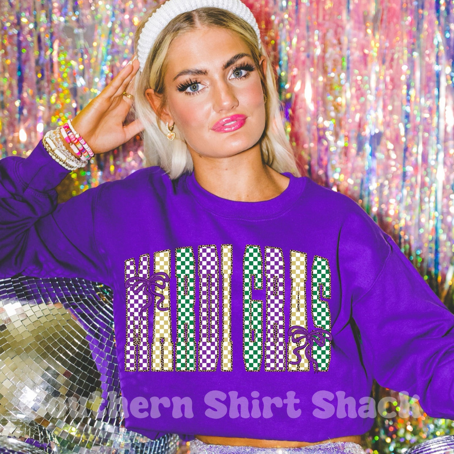 Checkered Bows Mardi Gras Sweatshirt | Purple