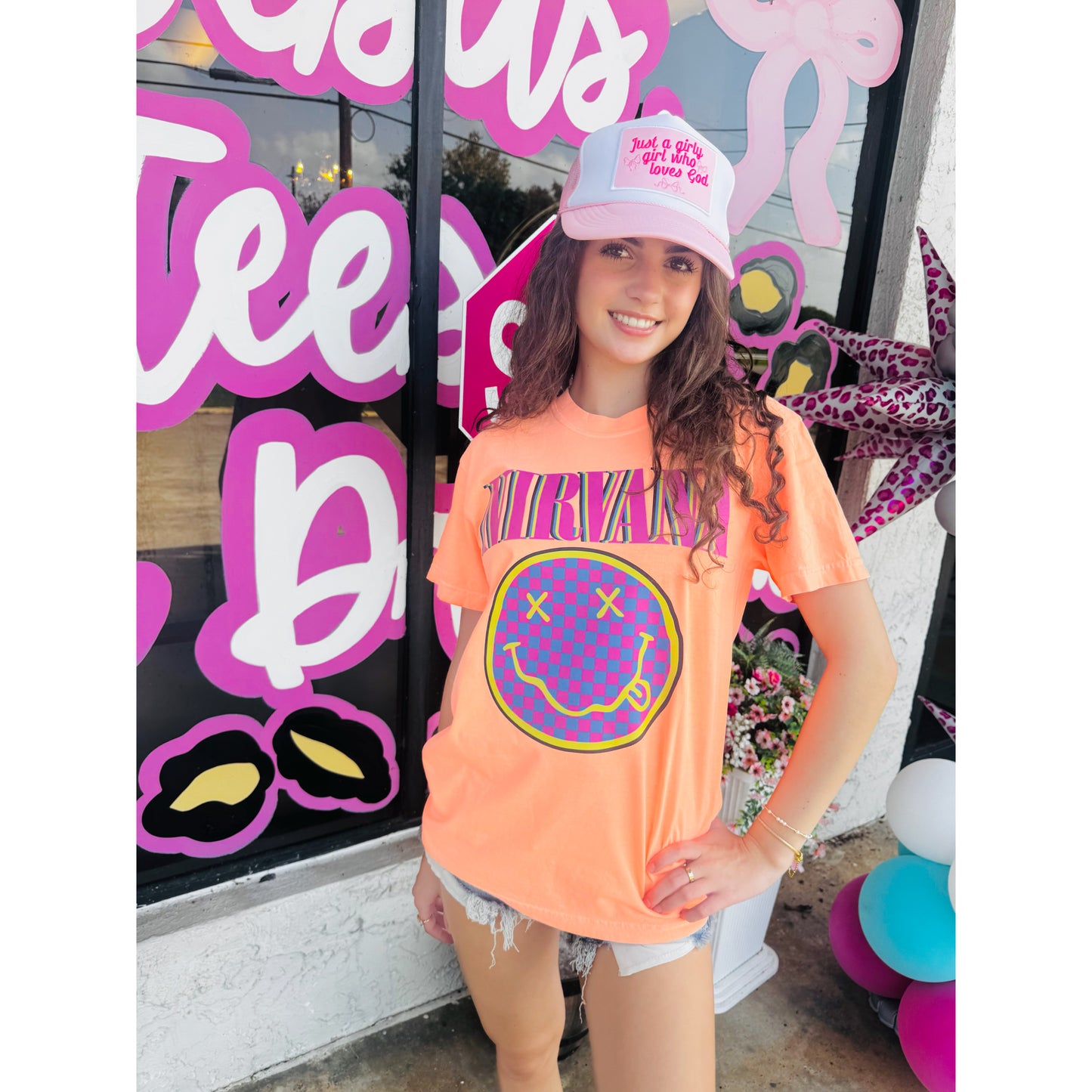 Checkered Smiley N!rv@NA | Neon Cantelope Comfort Colors Tee