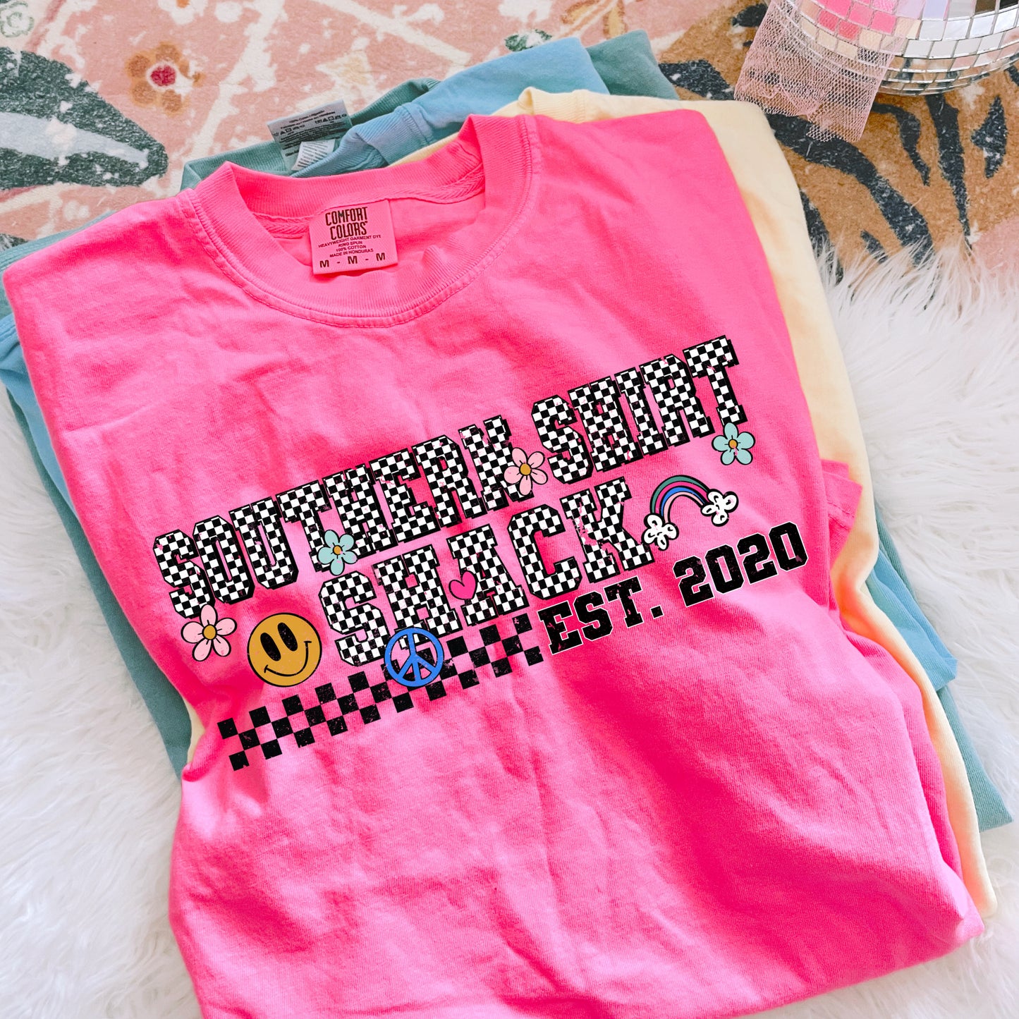 Checkered Southern Shirt Shack Logo Comfort Colors tee | Neon Pink