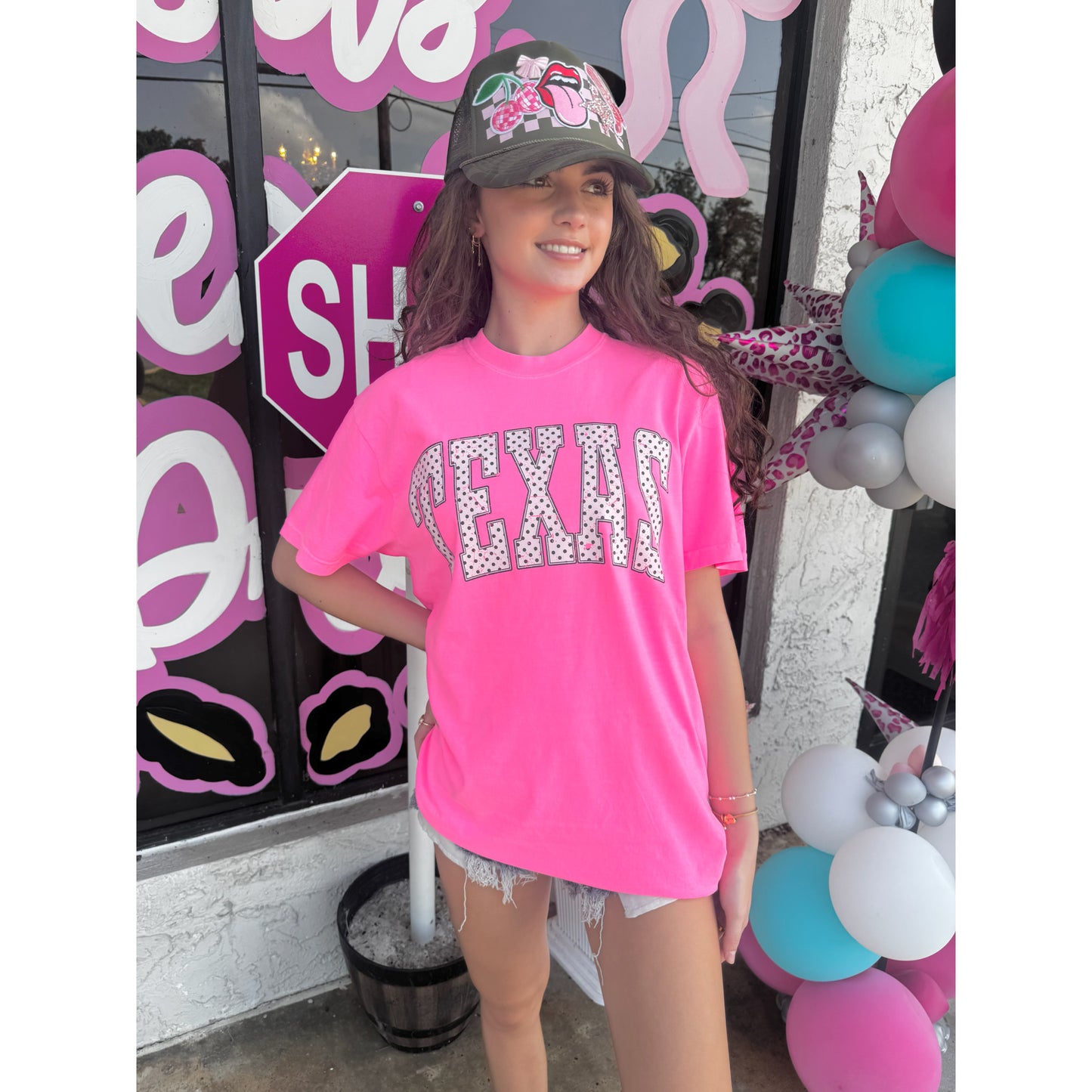 Polka Dot Texas Comfort Colors tee | Neon Pink