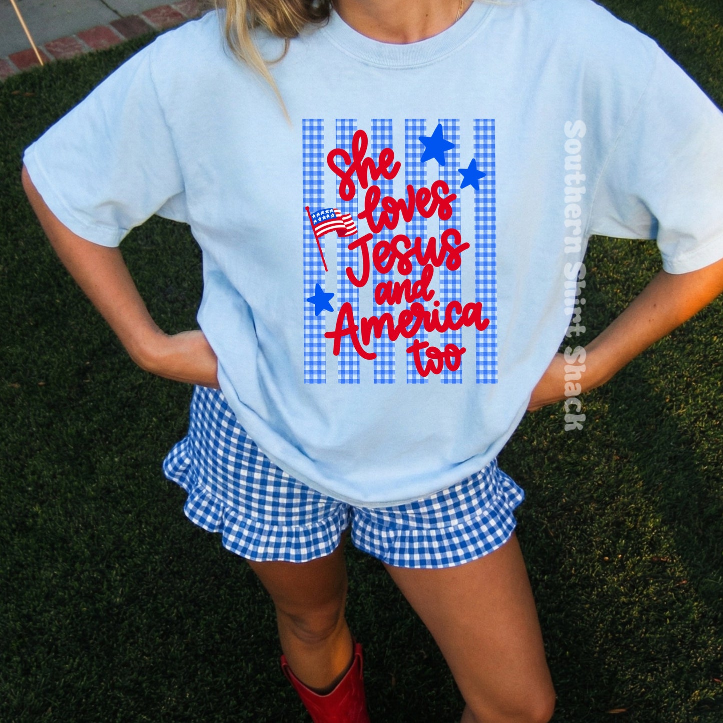 Gingham Striped Loves Jesus & America too Comfort Colors tee | Light Blue