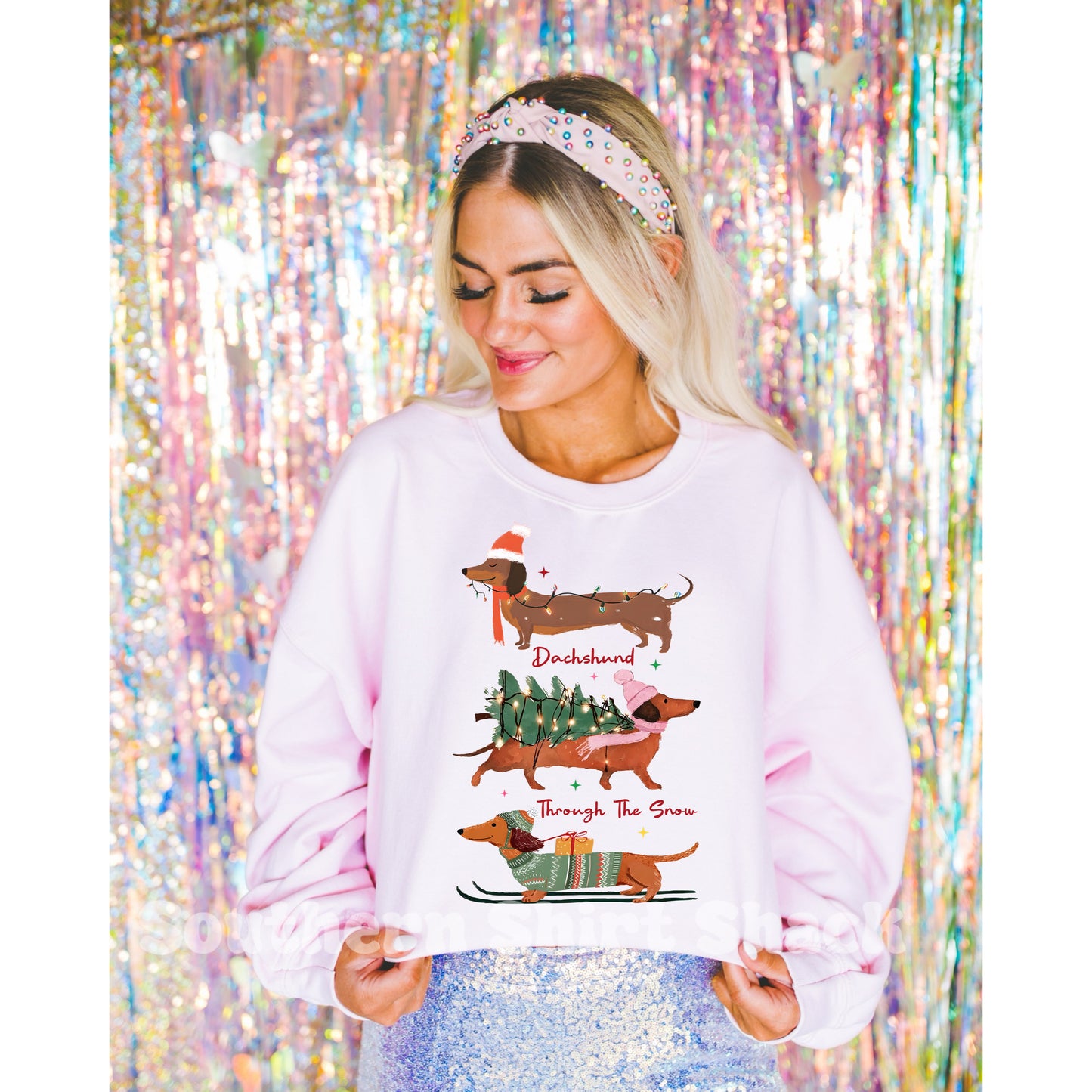 Dachshund through the Snow | Light Pink Sweatshirt