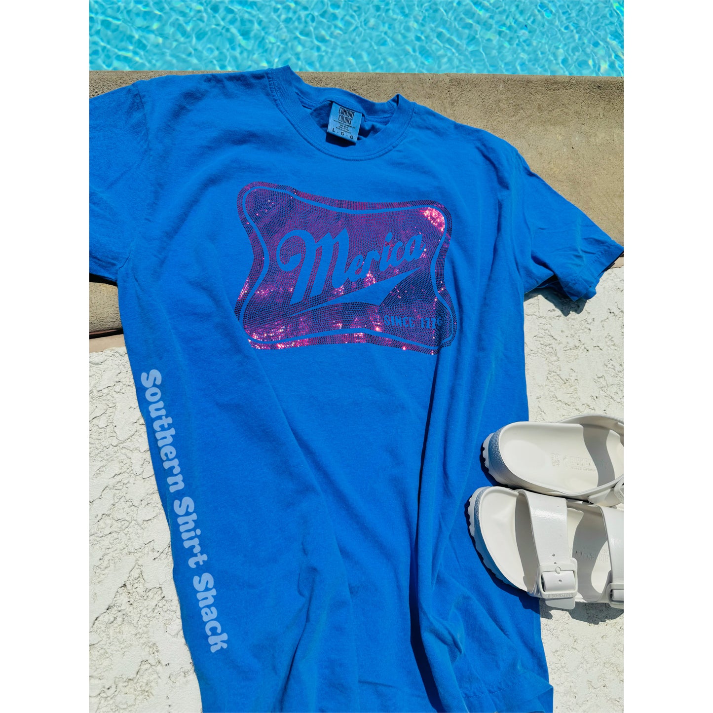 Merica Beer flat sparkle Comfort Colors tee | Flo blue | READY TO SHIP