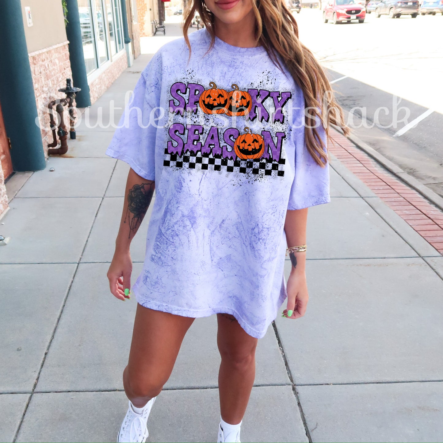 Checkered Spooky Season | Amethyst Mineral Wash Comfort Colors tee