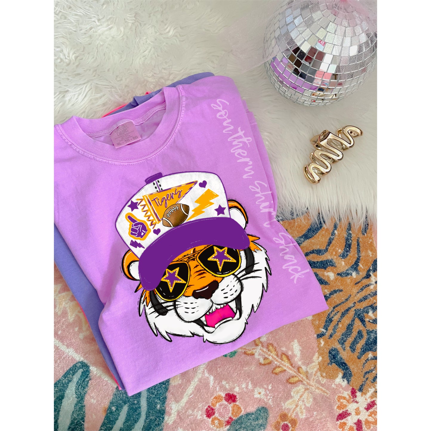 Purple & Gold Preppy Tiger Comfort Colors tee | Neon Violet