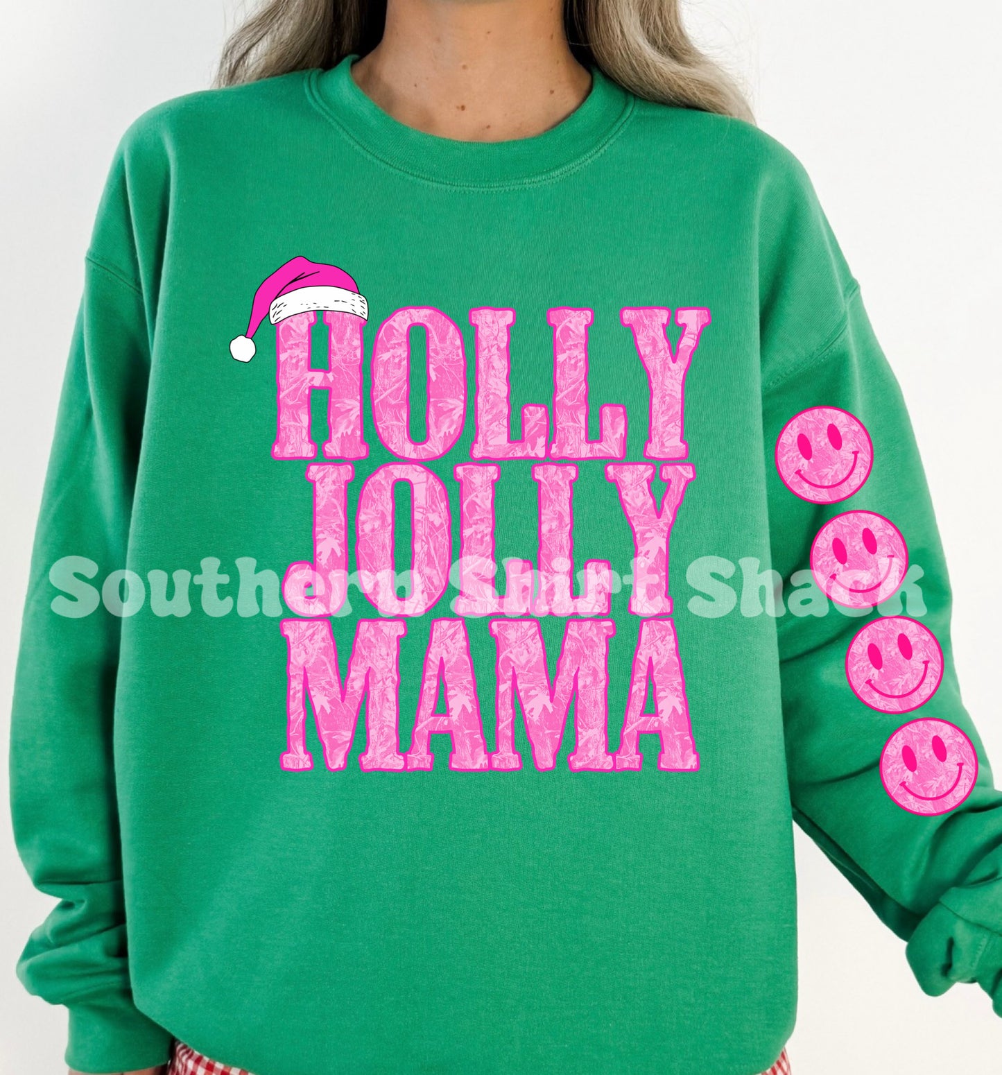 Pink Camo Holly Jolly Mama With Smiley Sleeve | Kelly Green Sweatshirt