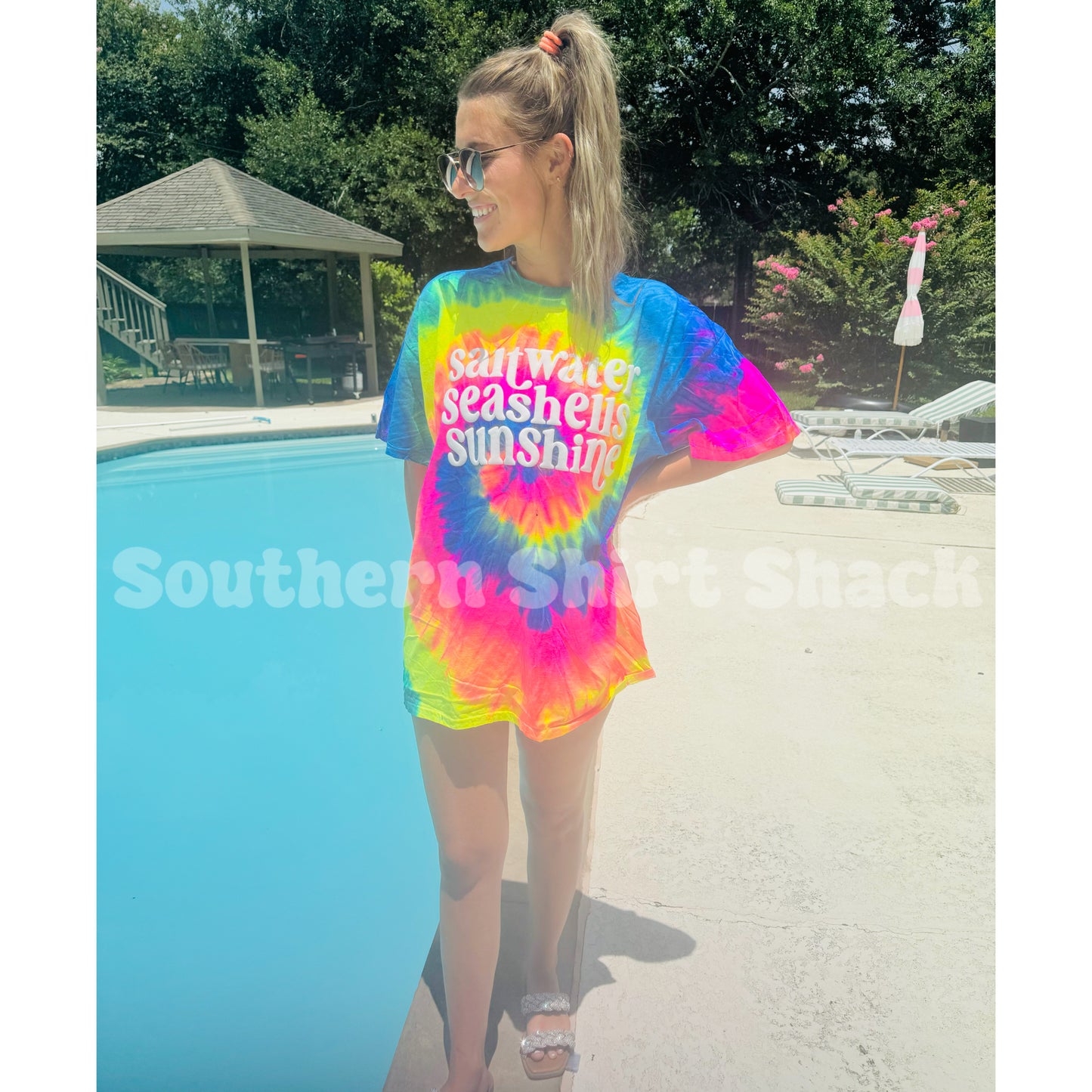 Saltwater Seashells and Sunshine Puff tie dye tee