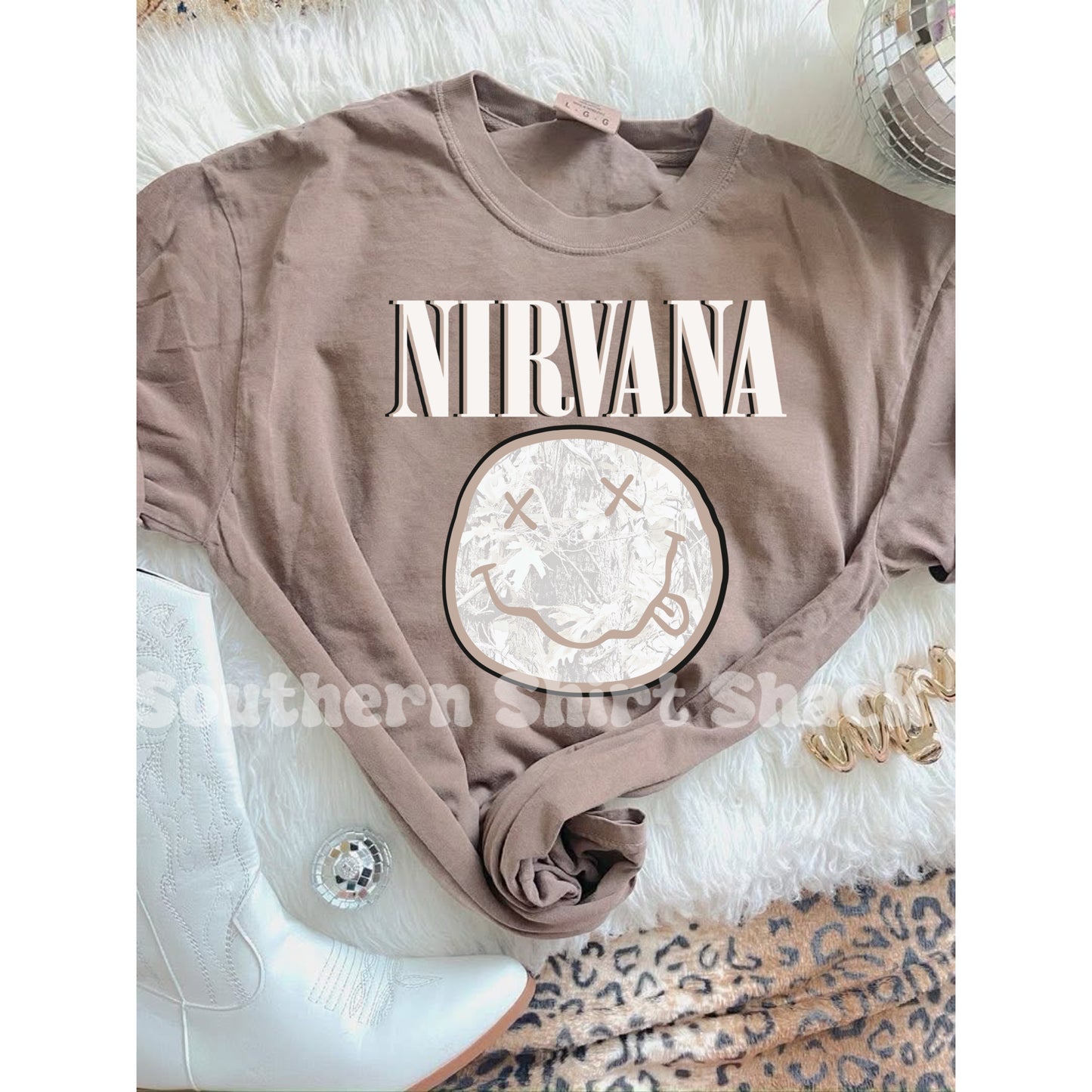 Camo Nirv@na Comfort Colors tee | Espresso