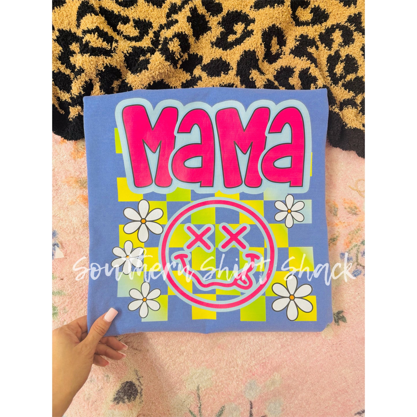 Trippy Mama Smiley Comfort Colors tee | Flo blue