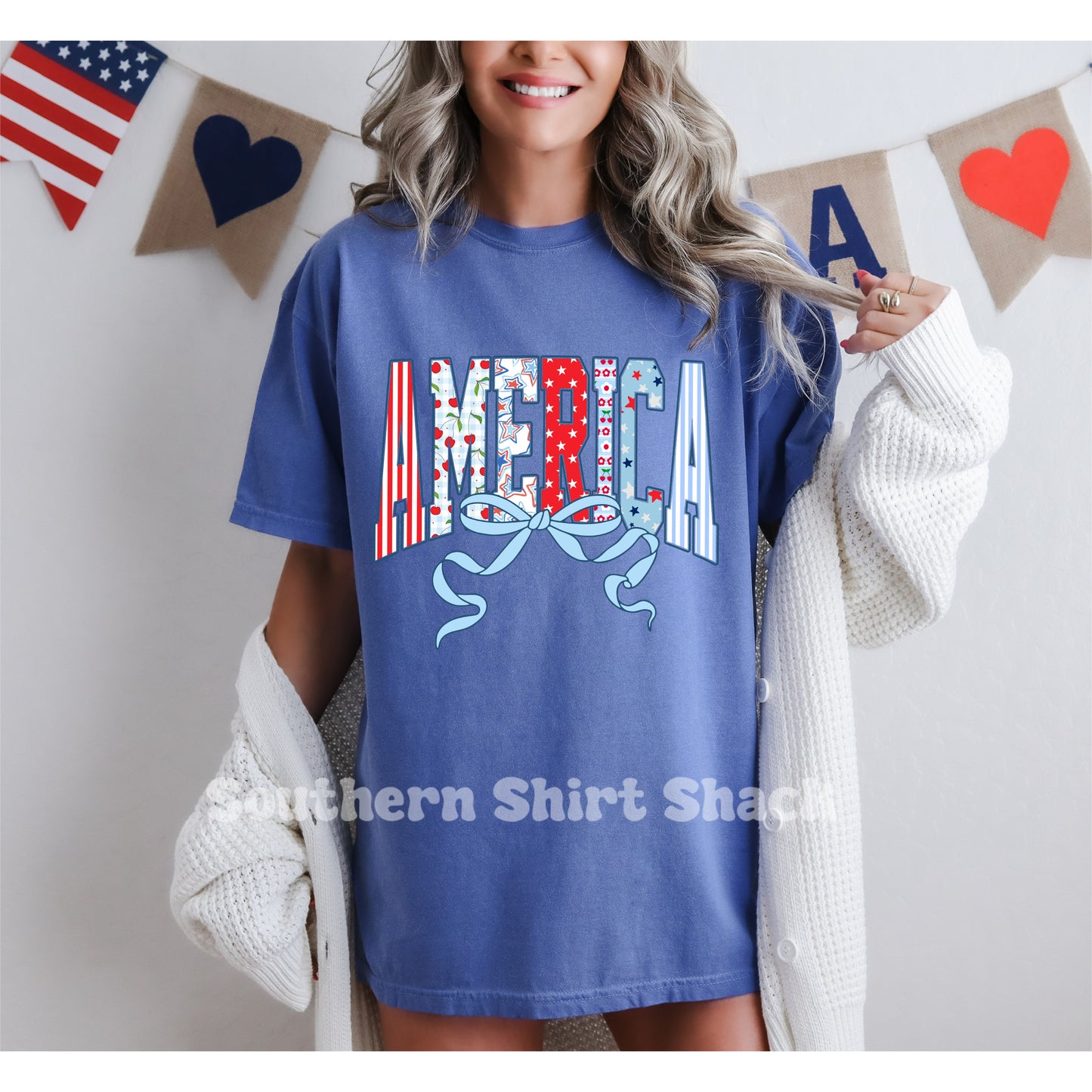 Preppy America Bow Comfort Colors tee | Flo blue