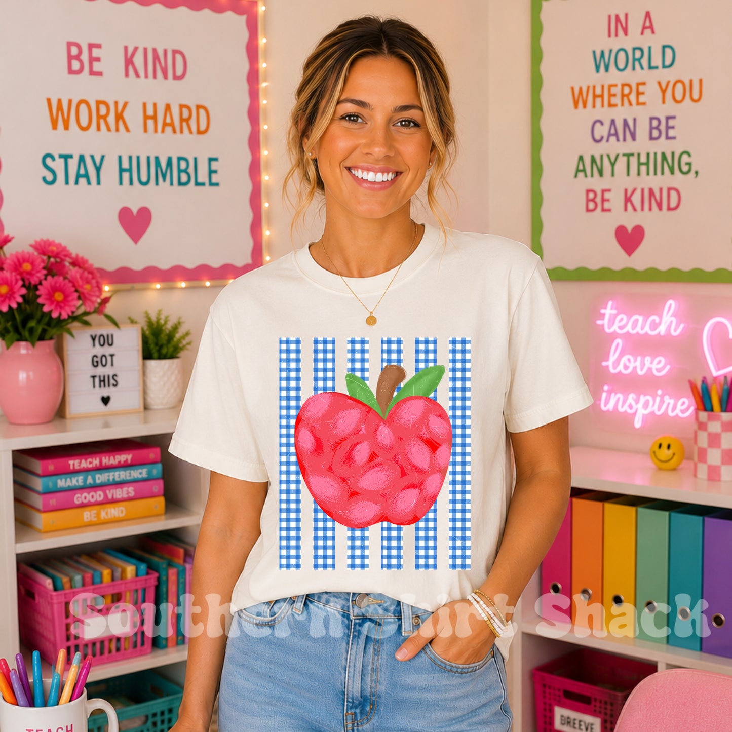 Apple & Gingham Stripes Teacher Comfort Colors tee | Ivory