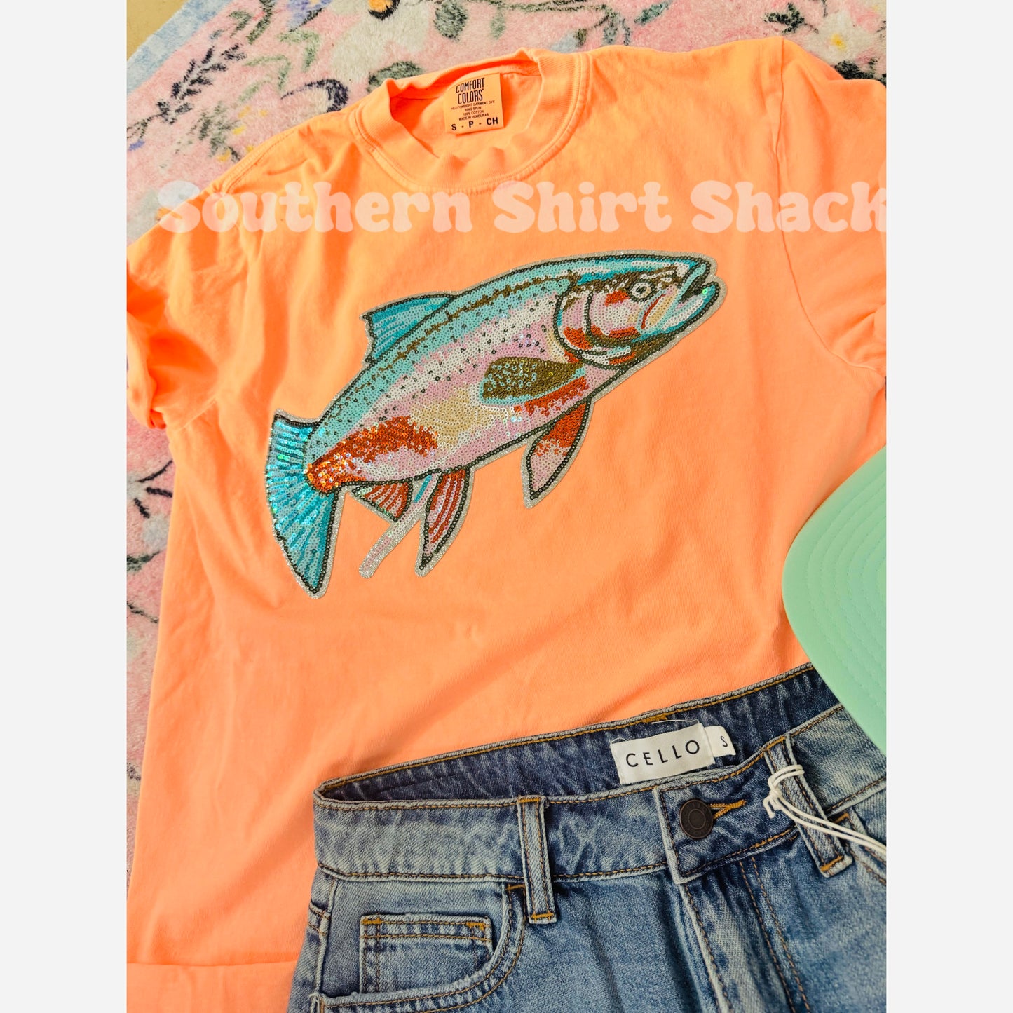 Rainbow Trout Sequin Patch Neon Cantelope Comfort Colors Tee