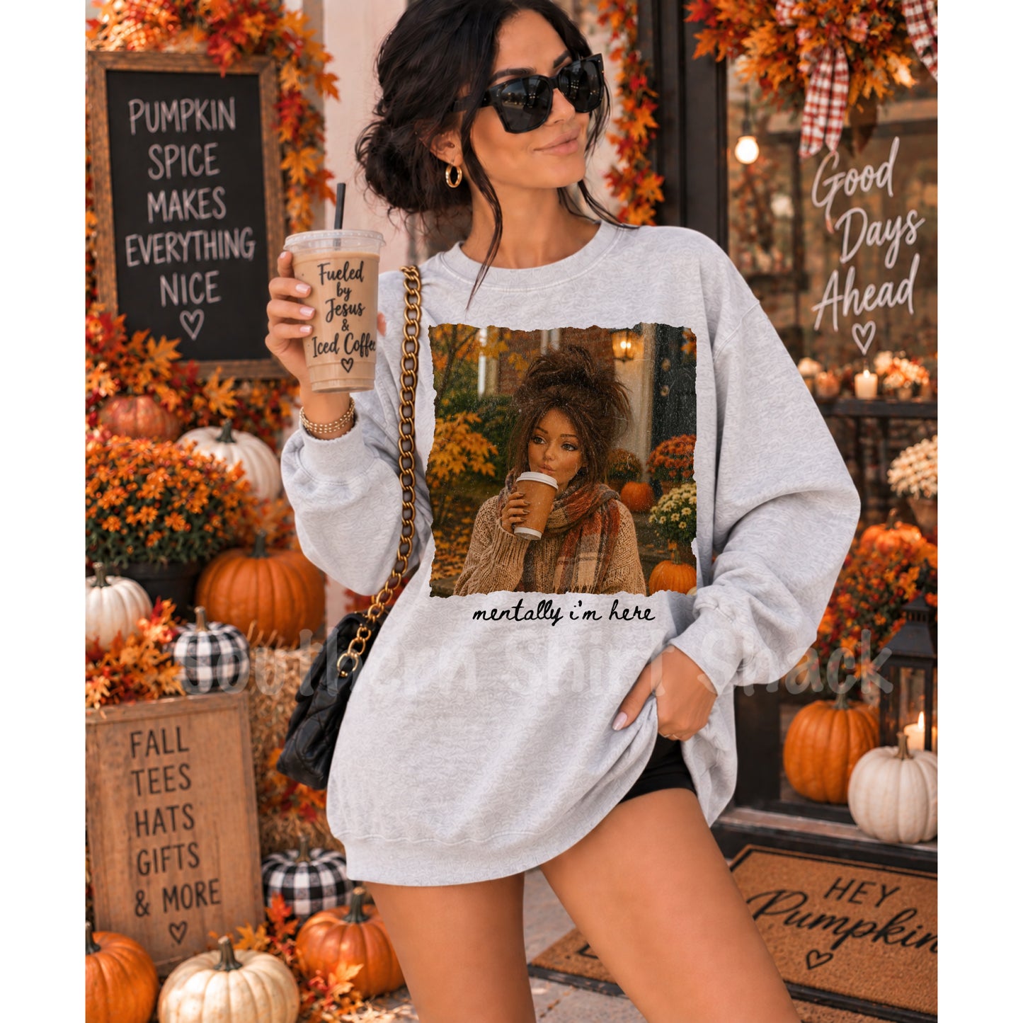 Mentally I’m here Fall Brunette Doll Sweatshirt | Ash gray