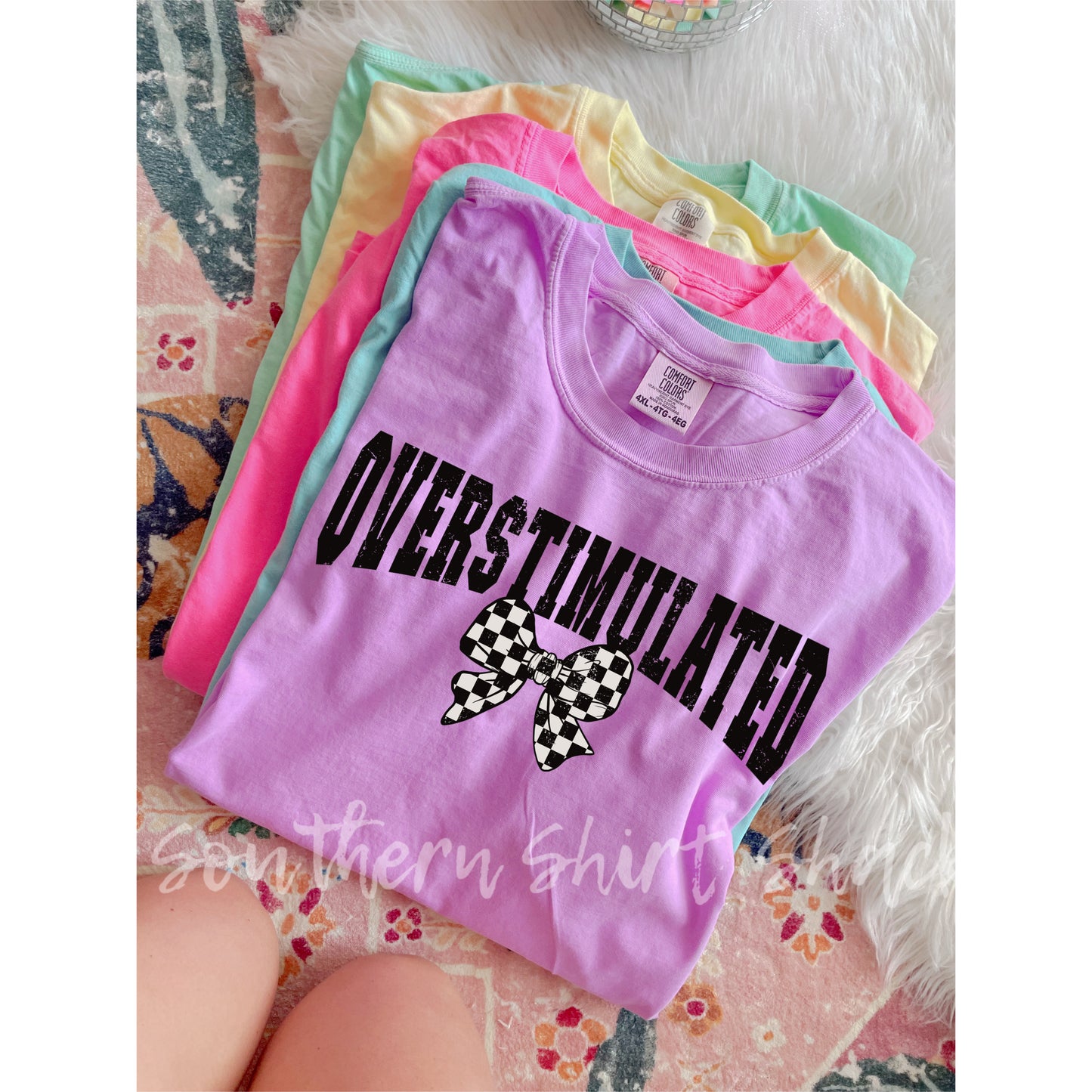 Overstimulated checkered bow Comfort Colors tee | Neon Violet