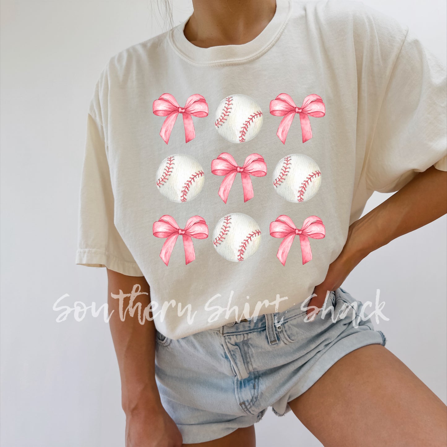 Pink Bows & Baseballs Comfort Colors tee | Ivory