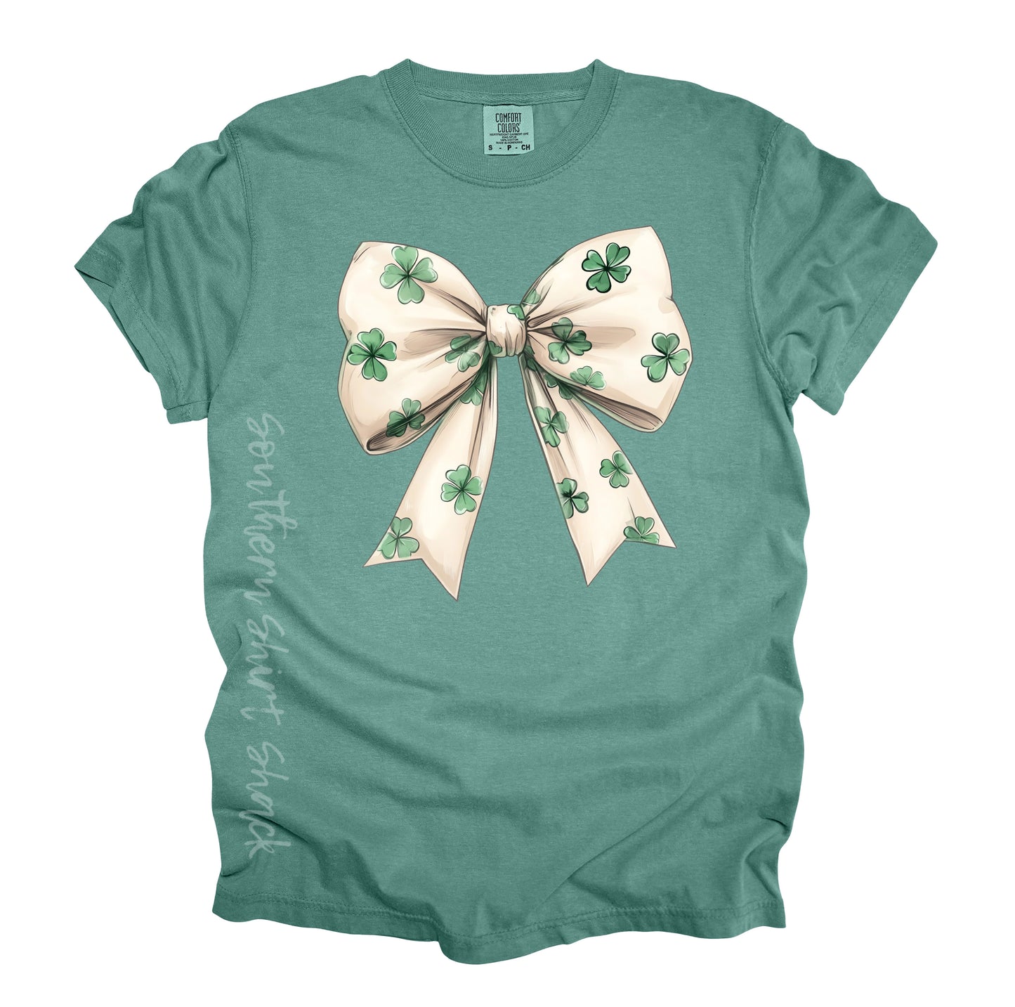 Green Clover Bow Comfort Colors tee | Light Green