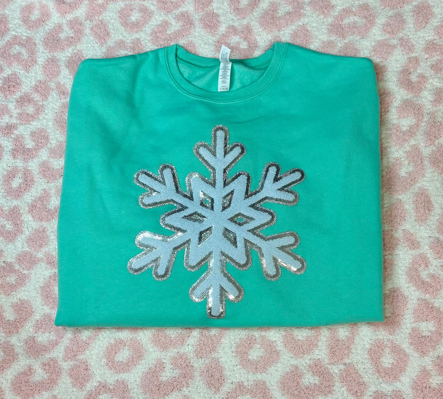 Mint and blue snowflake patch sweatshirt L READY TO SHIP