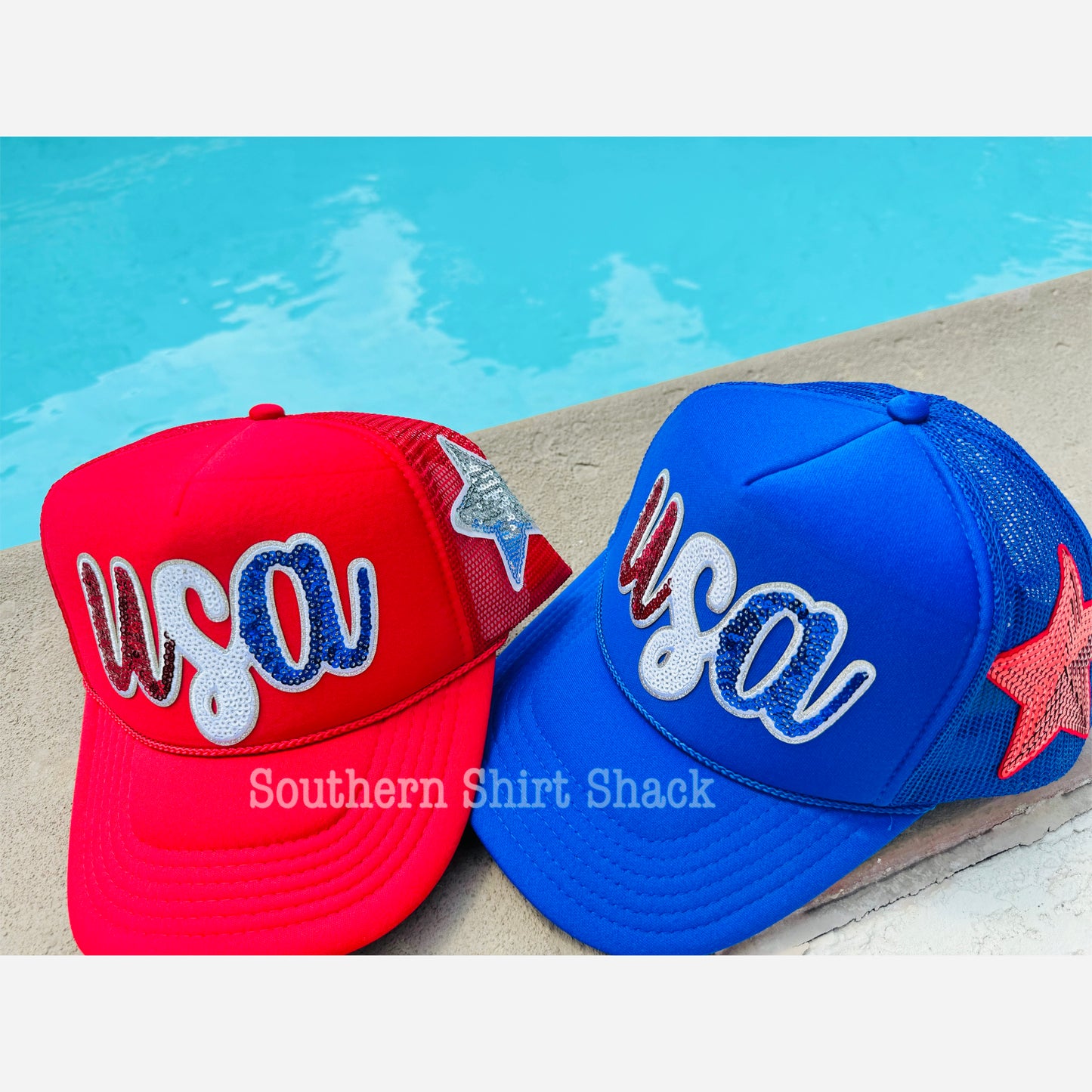 USA sequin patch trucker hat