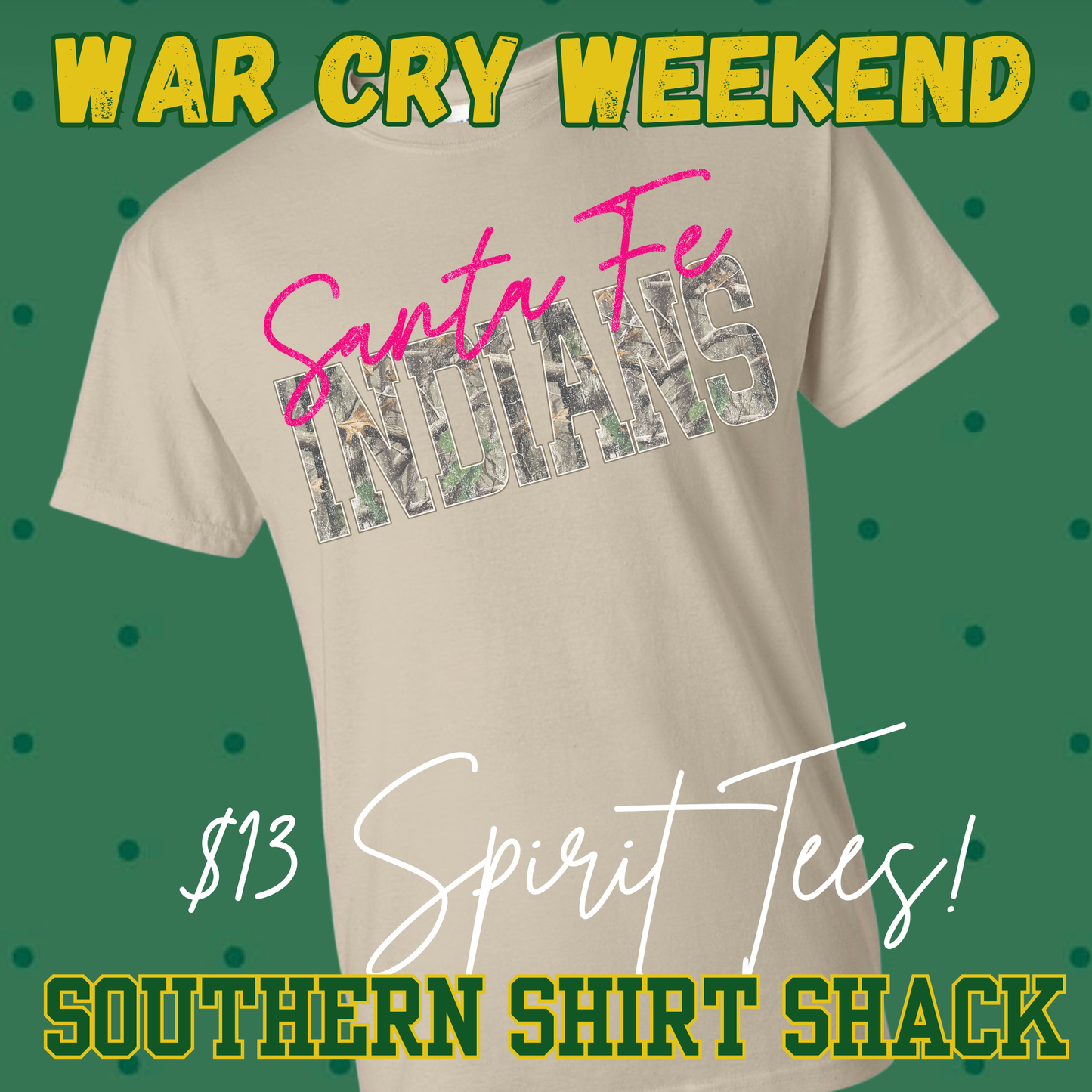 WAR CRY WEEKEND| Gildan Pink & Camo SANTA FE INDIANS TEE | YOUTH XS-ADULT 3X