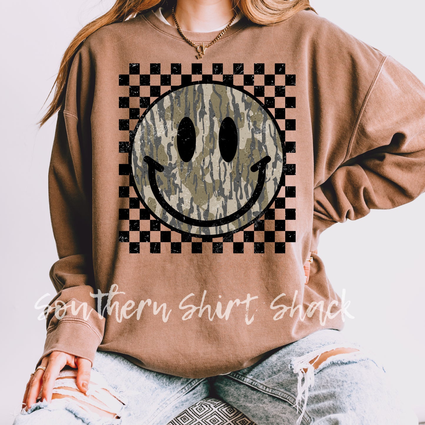 Camo Smiley Mineral Wash Brown Sweatshirt