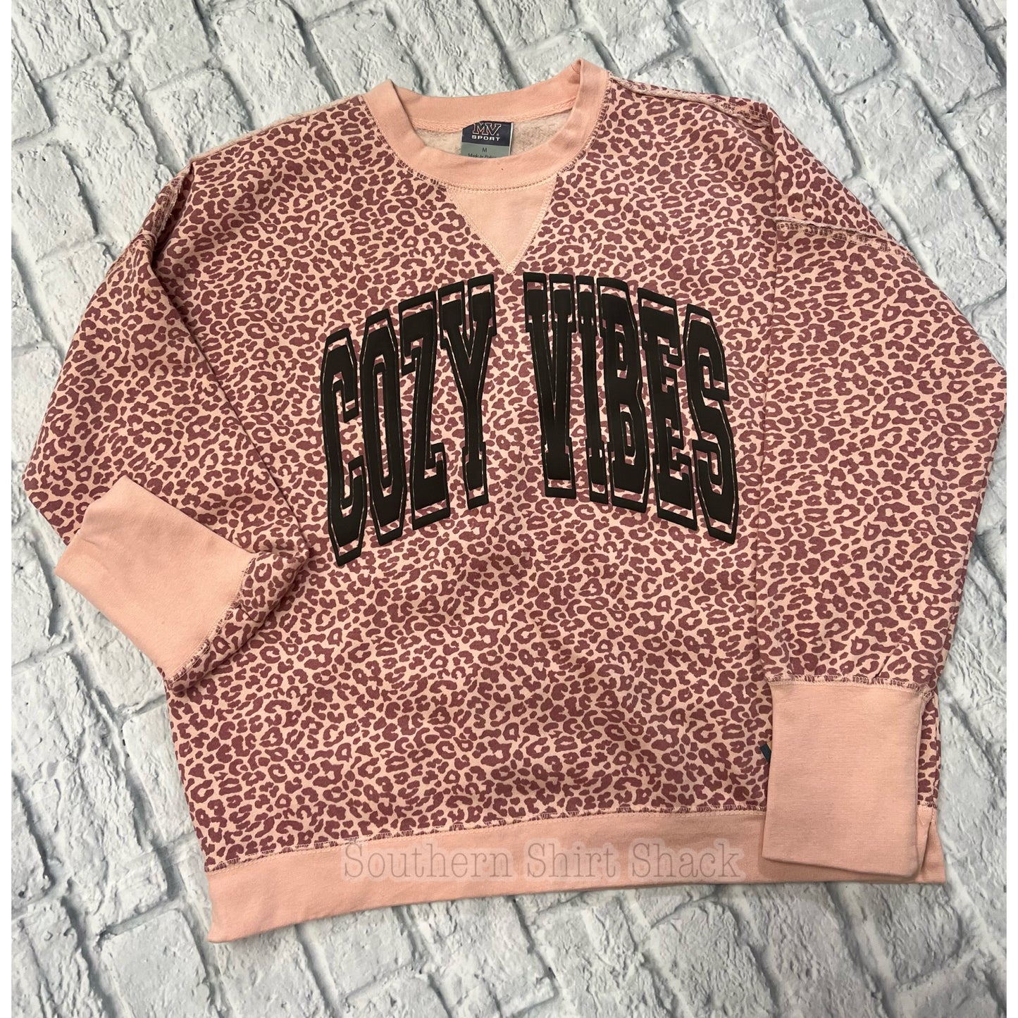 Cozy Vibes Puff Print | Blush Leopard Print Crewneck | ready to ship !