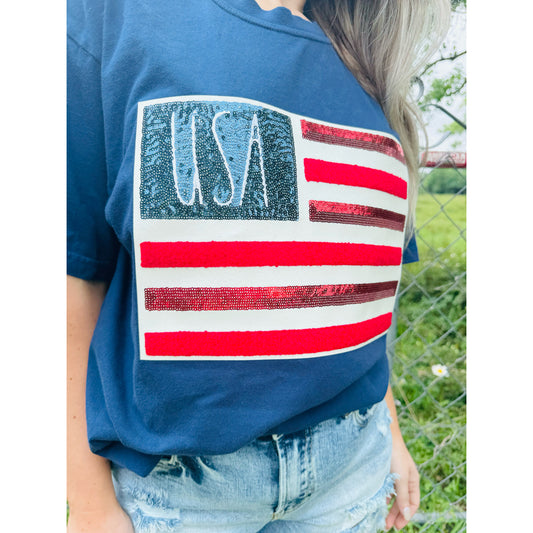 USA flag sequin chenille patch | Comfort Colors Tee