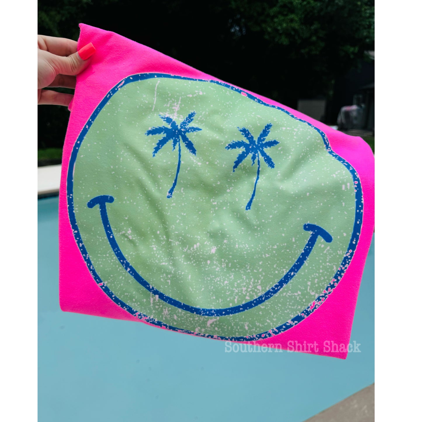 Neon Pink Smiley Palms CC tee