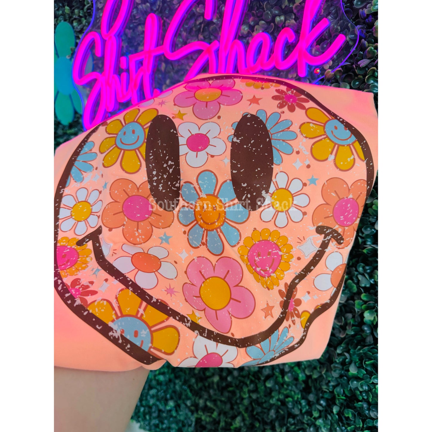 Groovy Neon Cantelope Smiley | Comfort Colors Tee