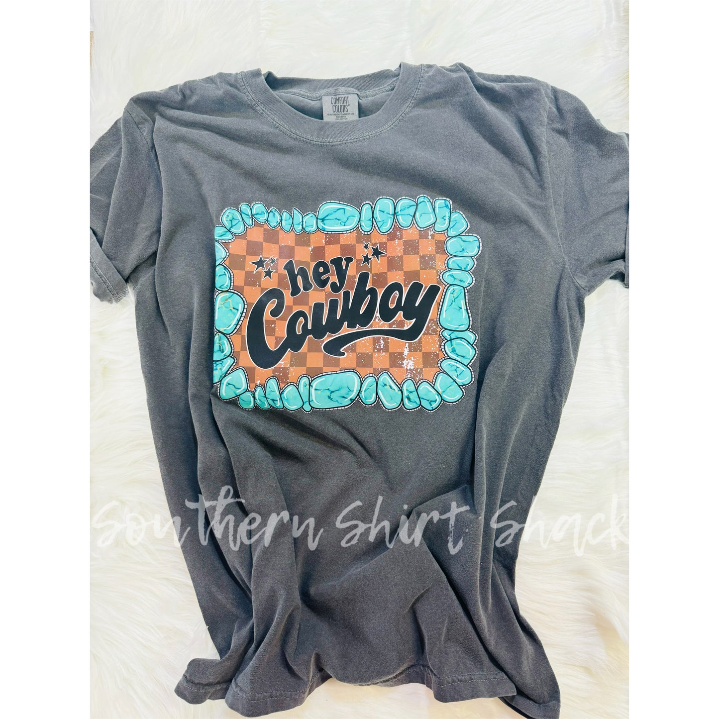 Hey Cowboy Checkered Turquoise Comfort Colors tee | Pepper