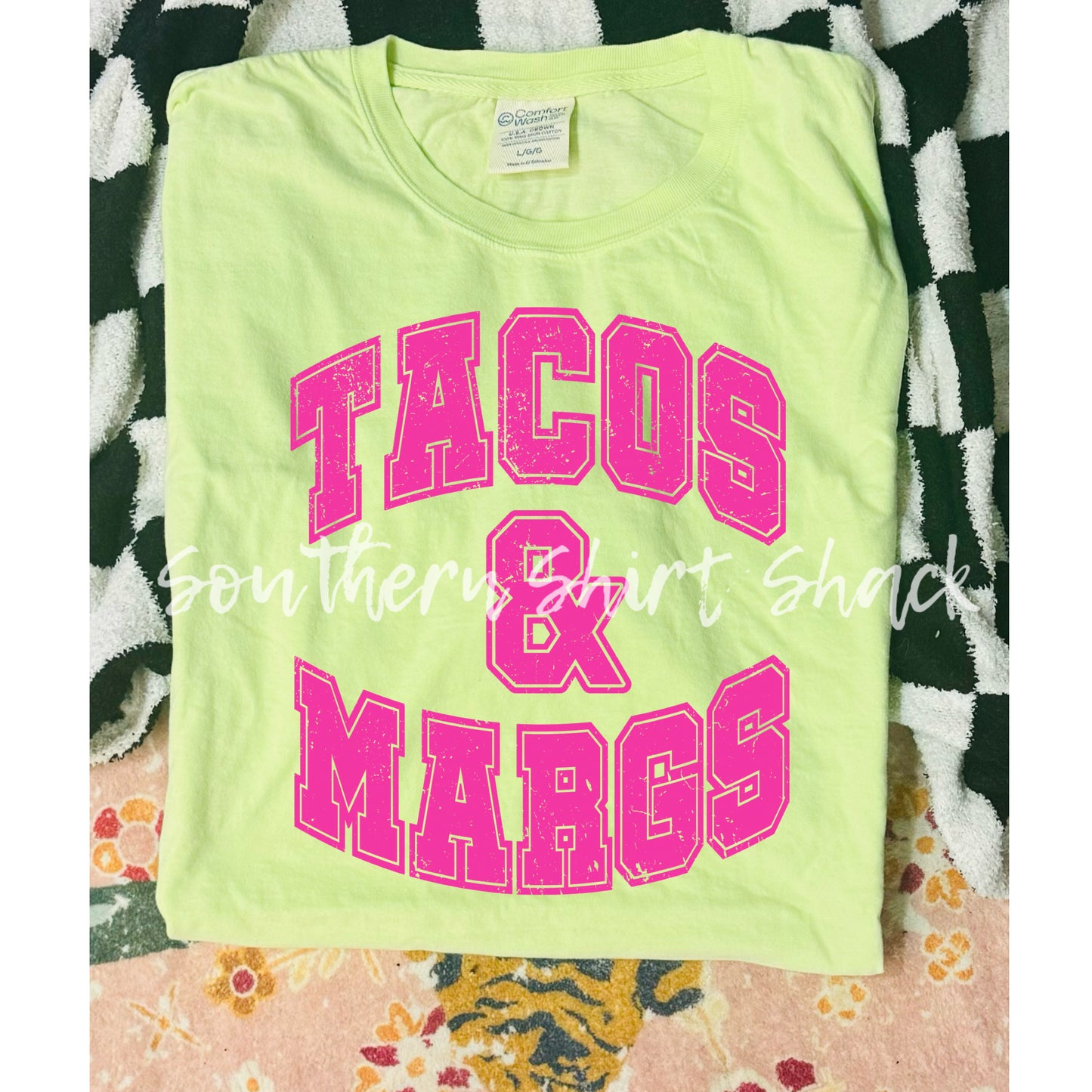 Varsity Tacos & Margs Comfort Wash tee | Chic Lime